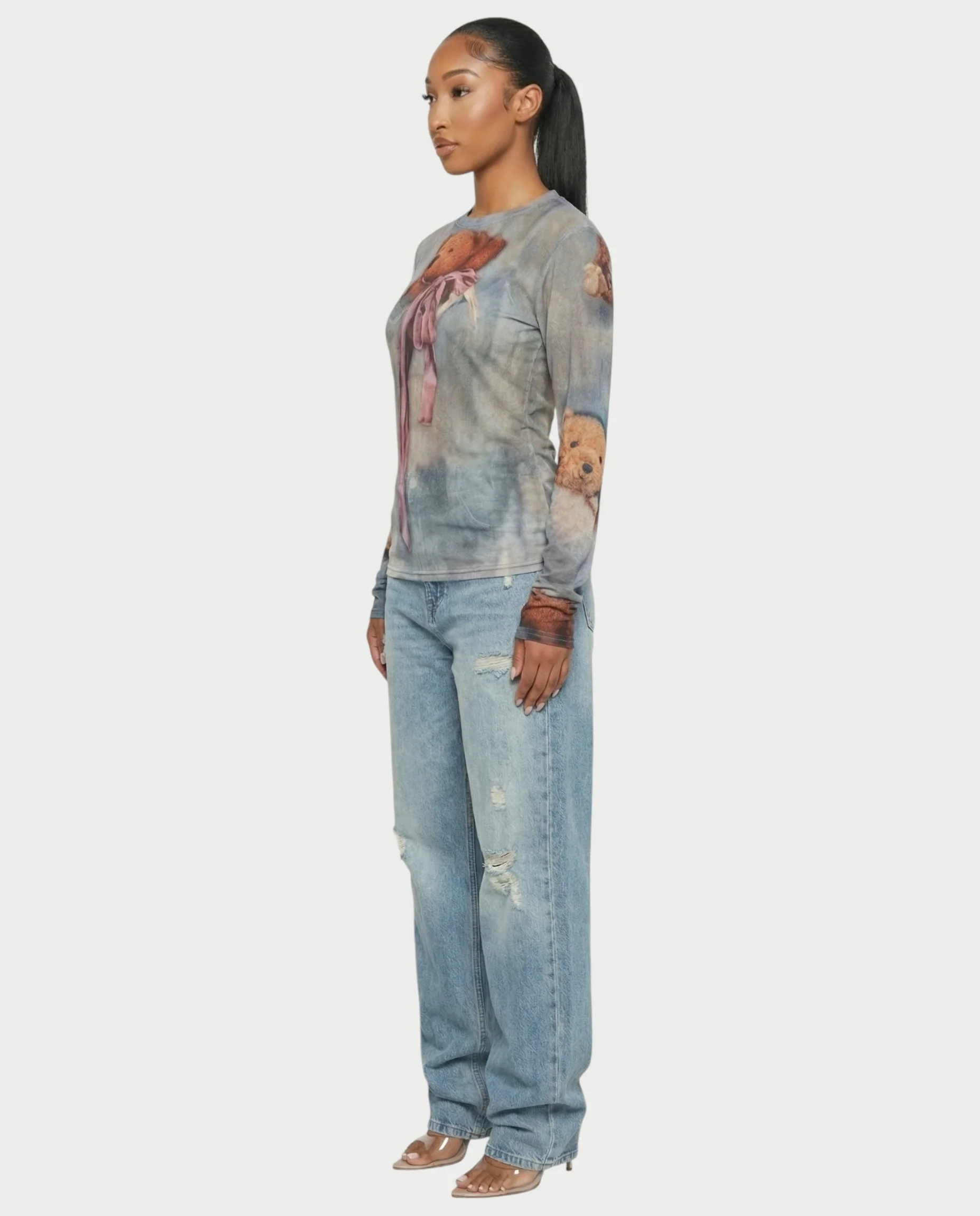 MAURA Vintage Teddy Print Sheer Long Sleeve Top - Image 3