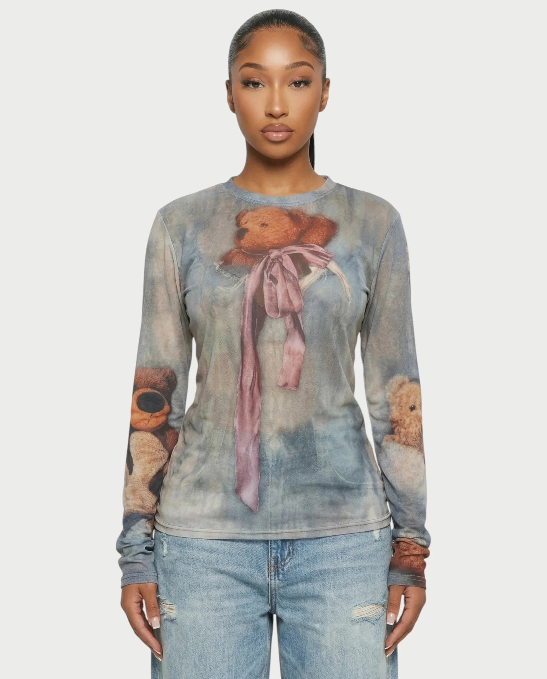 MAURA Vintage Teddy Print Sheer Long Sleeve Top - Image 4