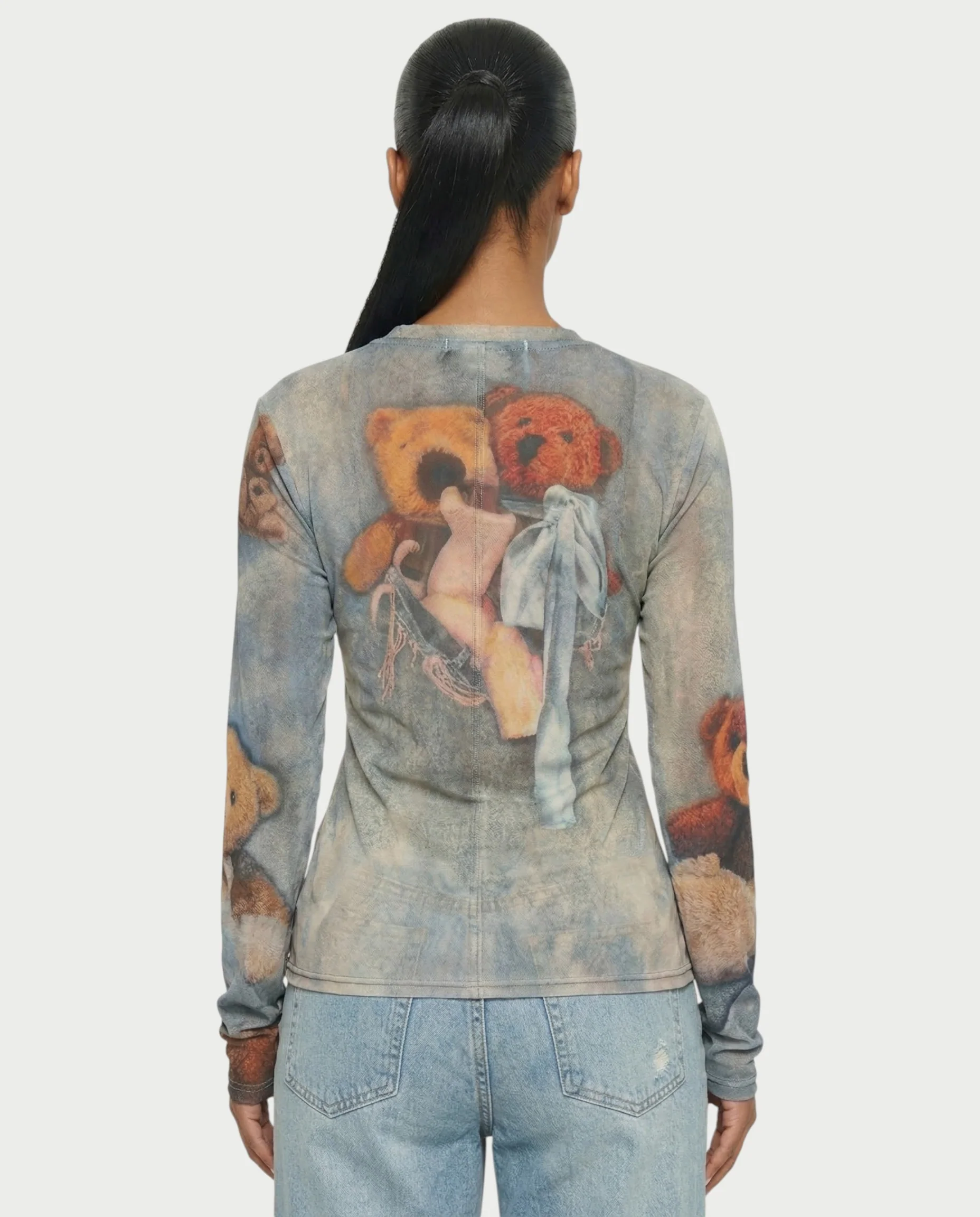 MAURA Vintage Teddy Print Sheer Long Sleeve Top - Image 5