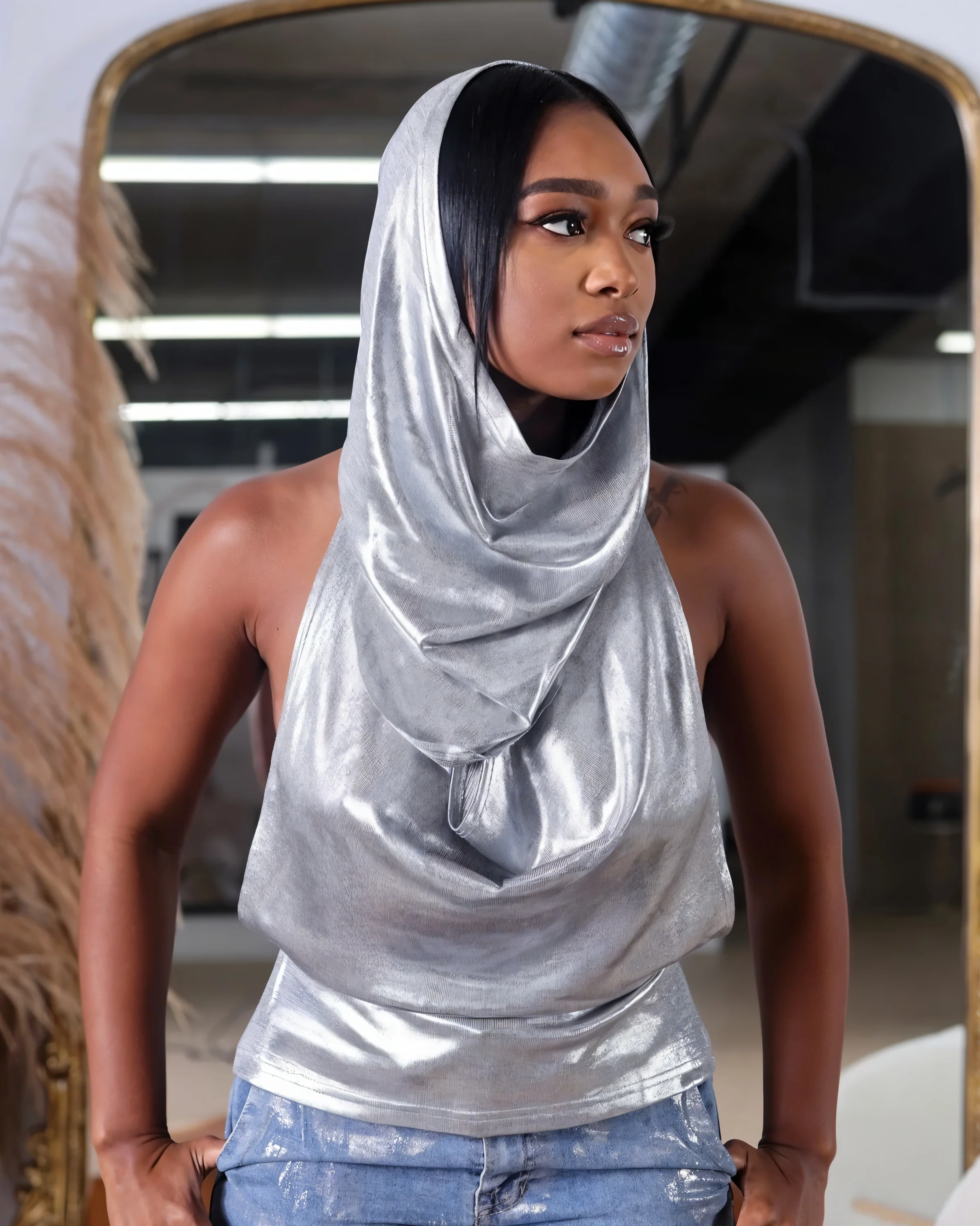MAYAN Hooded Open-back Metallic Top - Image 3