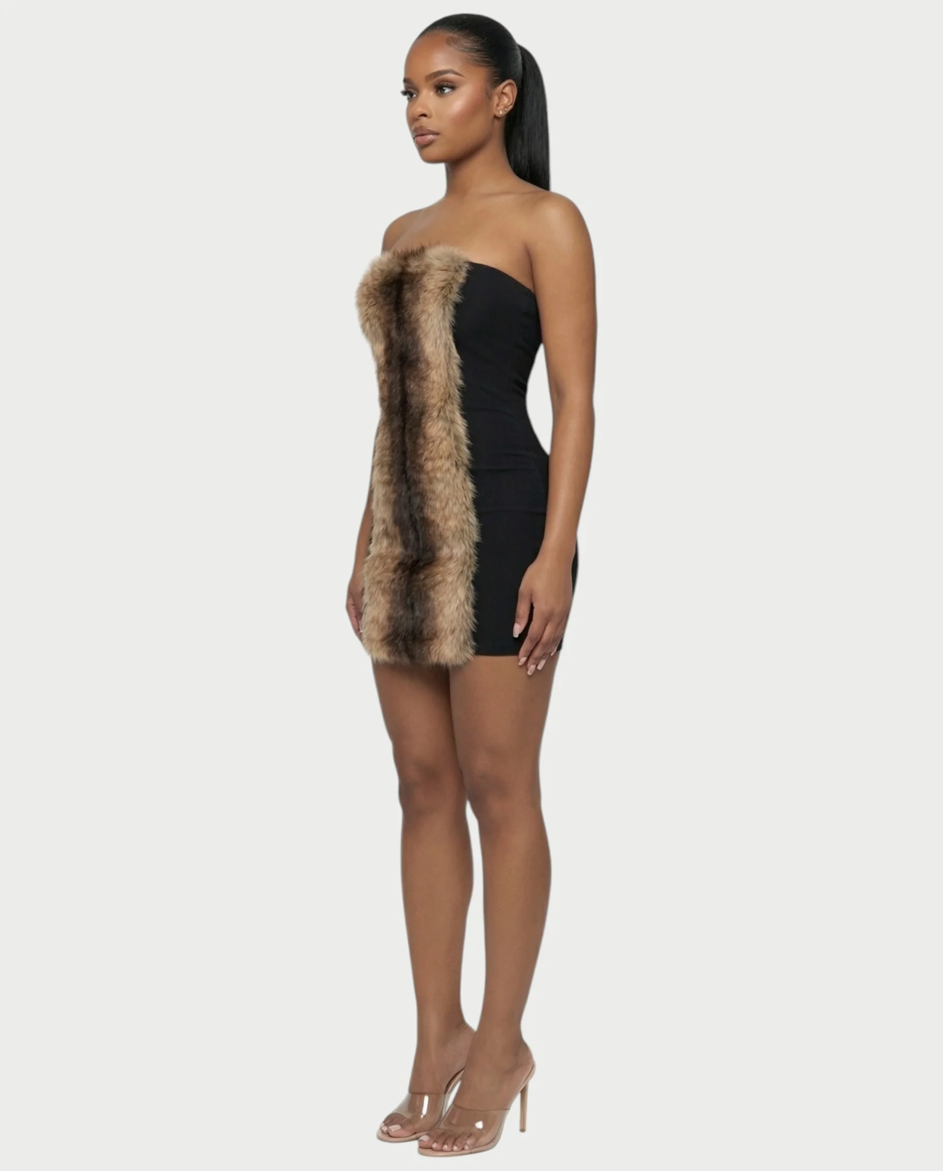 MINAYA Brown Faux-Fur Bodycon Mini Dress - Image 3