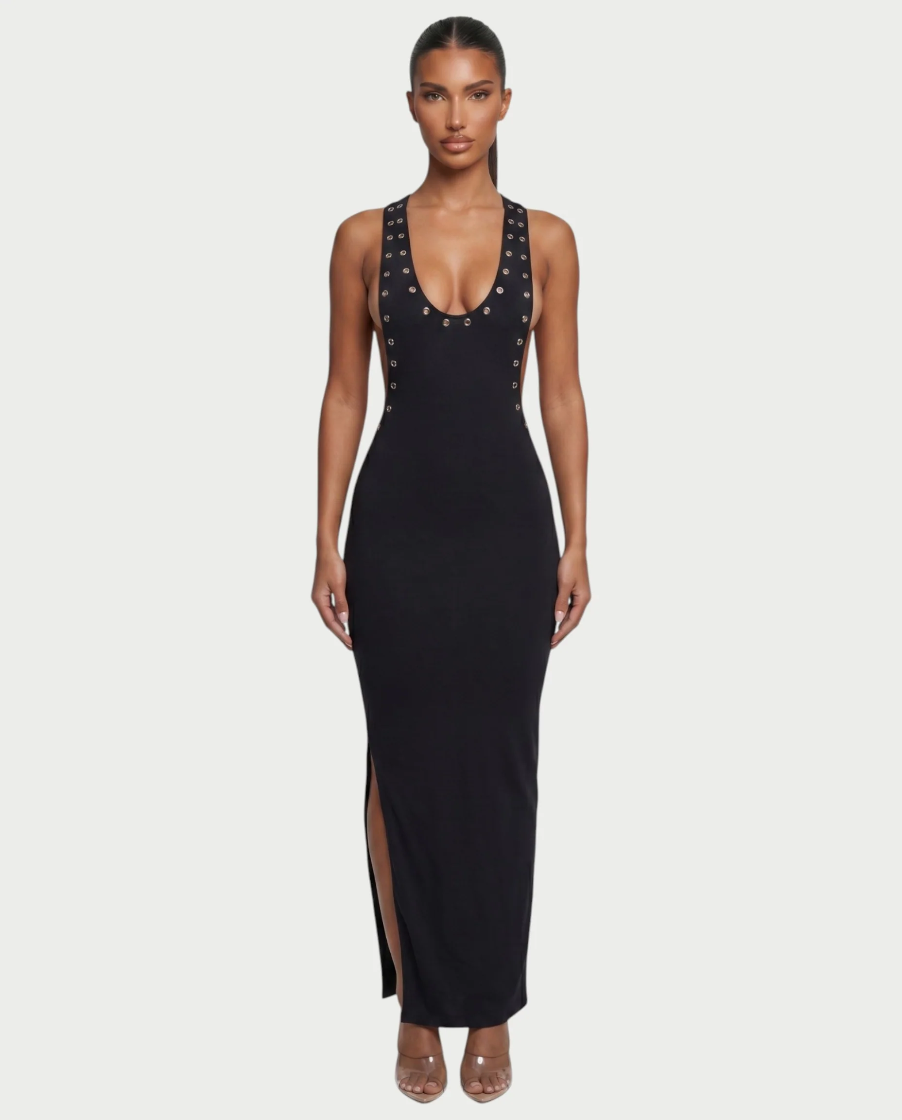 MIRABEL Racerback Studded Side Slit Bodycon Maxi Dress