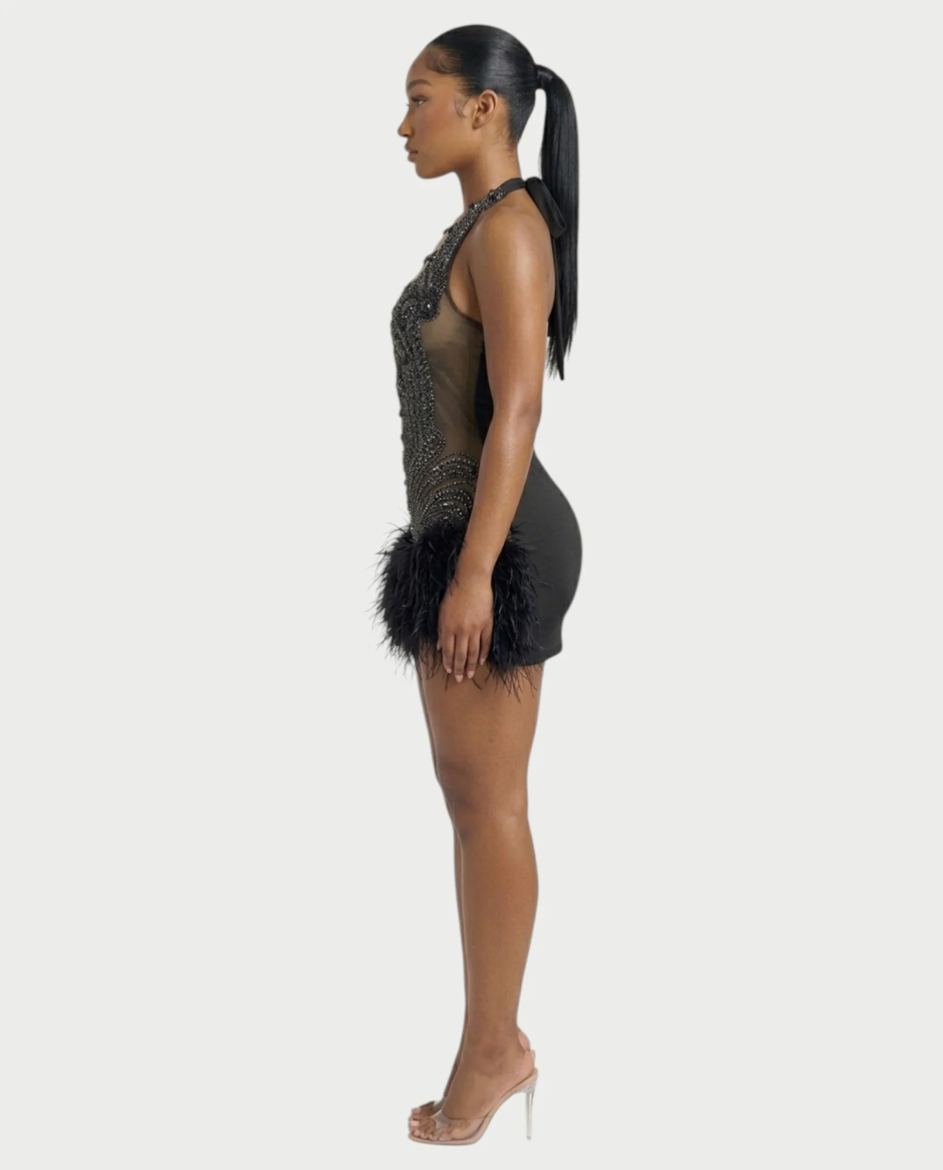 MIRAL Feather Trim Rhinestone Halter Mini Dress - Image 3