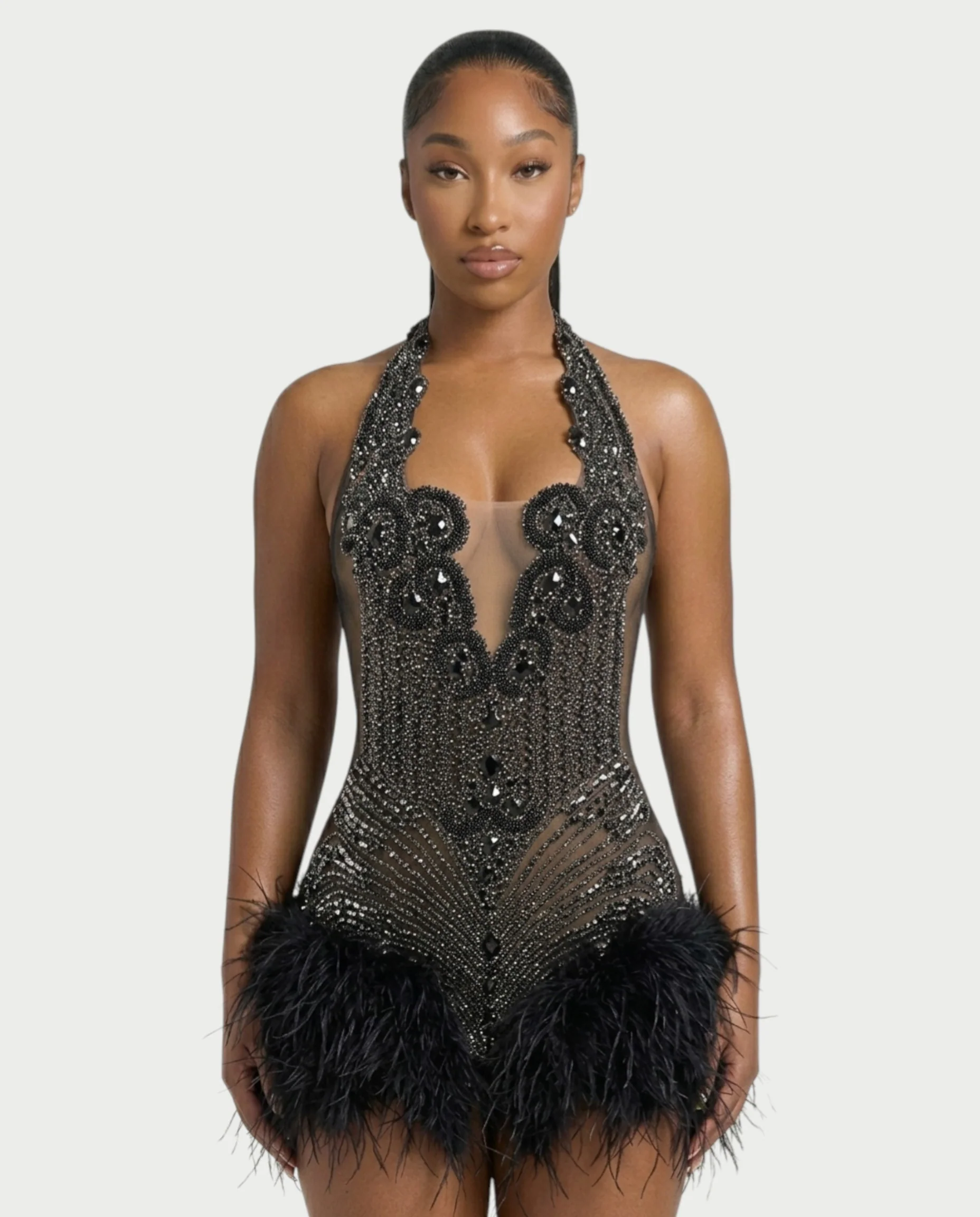 MIRAL Feather Trim Rhinestone Halter Mini Dress - Image 4