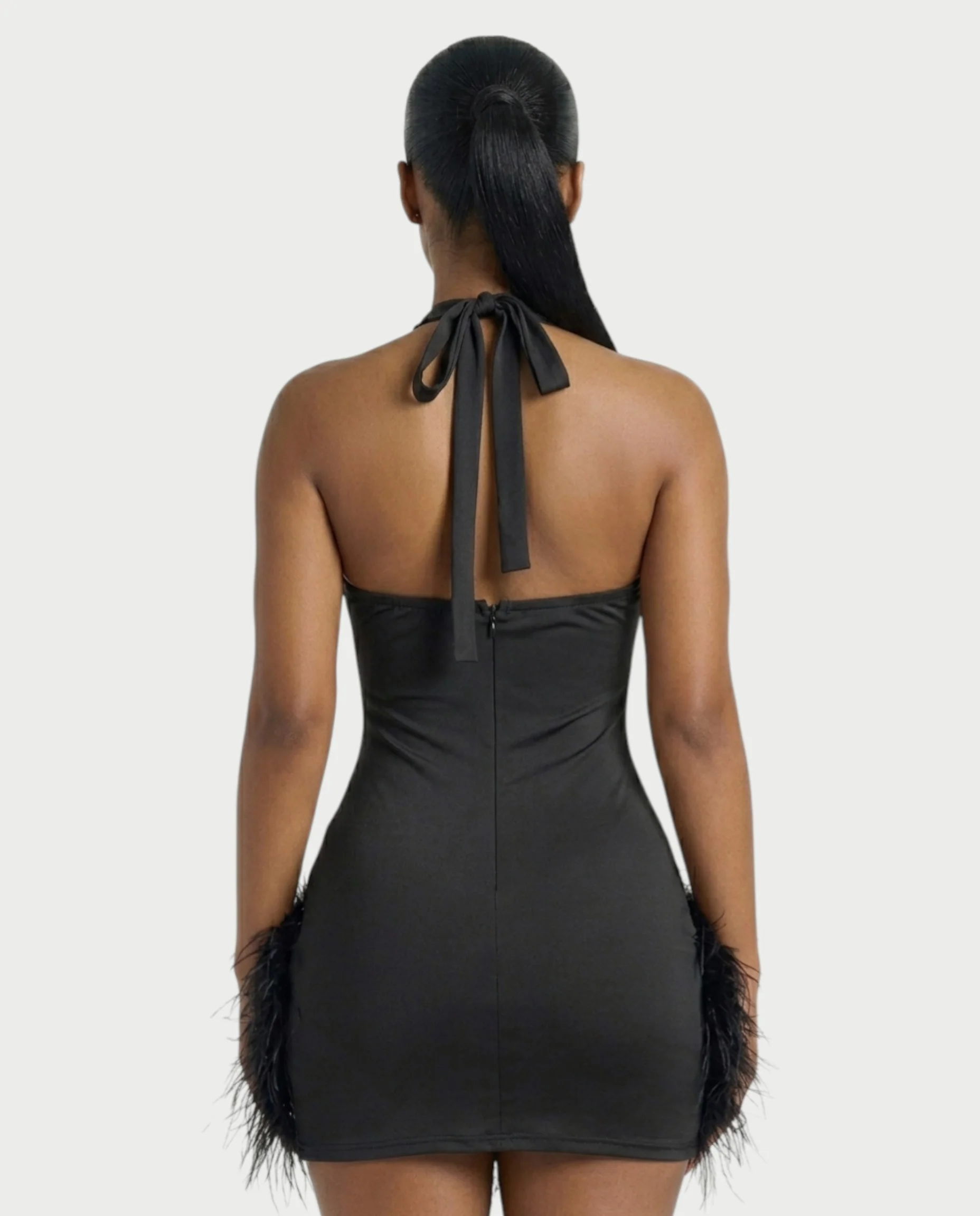 MIRAL Feather Trim Rhinestone Halter Mini Dress - Image 5