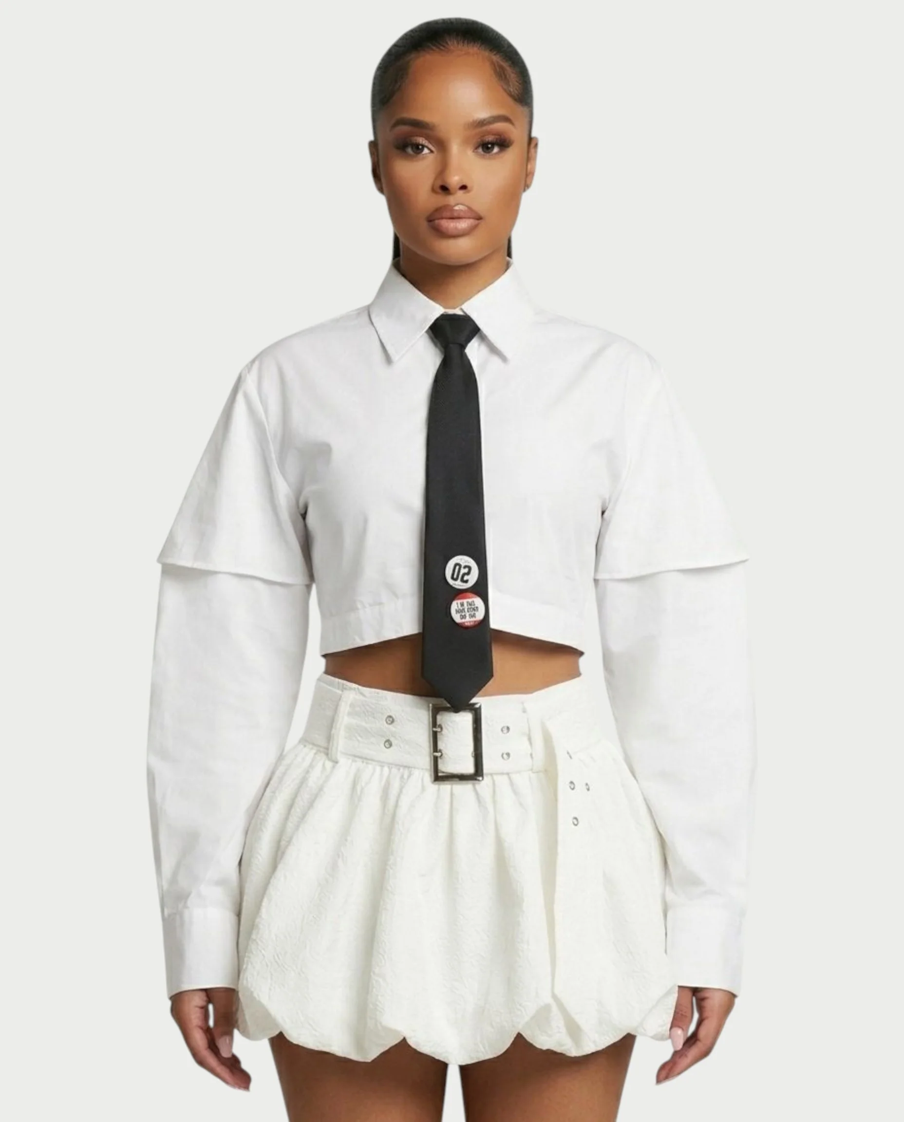MIRELA Cropped Button-Up Shirt Tie Detail