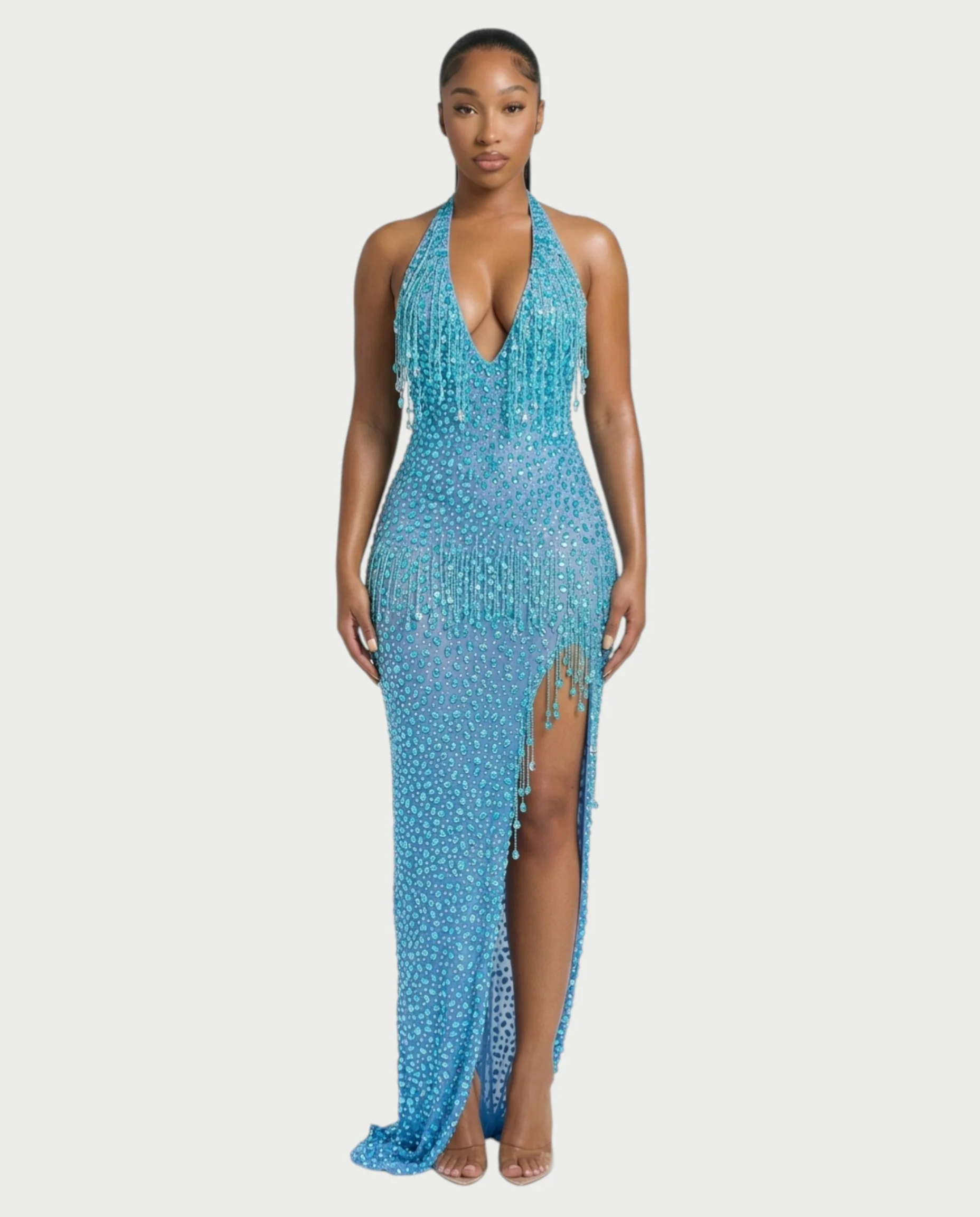 MYRIZ Rhinestone Halter Draped Tassel Maxi Dress