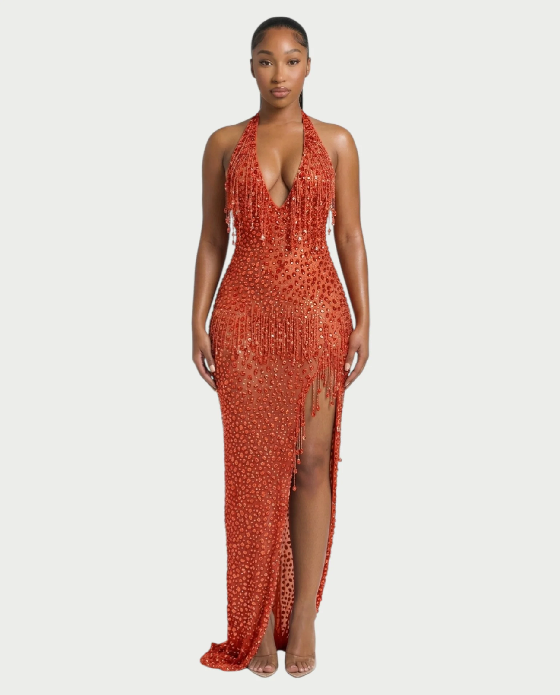 MYRIZ Rhinestone Halter Draped Tassel Maxi Dress - Image 11