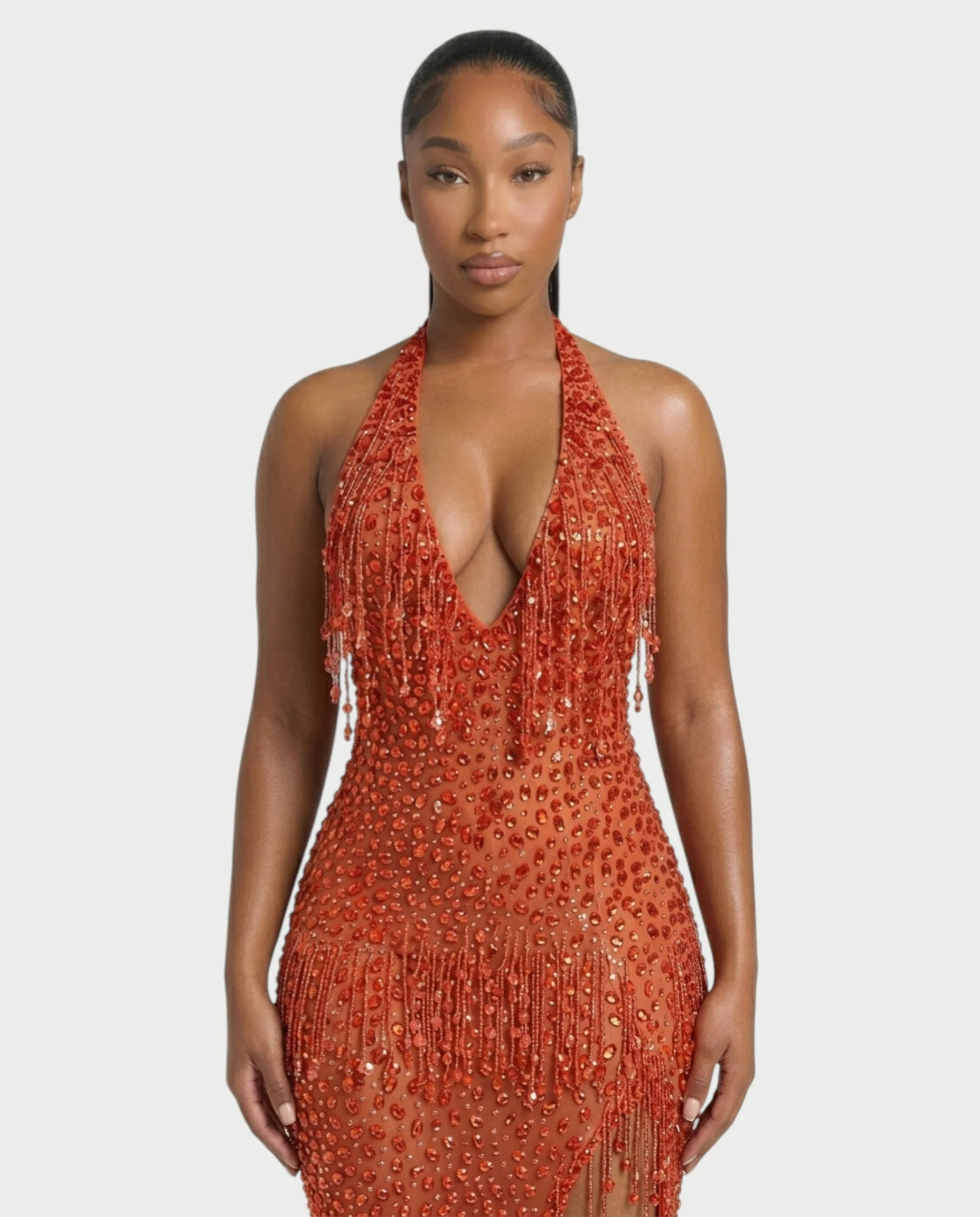 MYRIZ Rhinestone Halter Draped Tassel Maxi Dress - Image 14