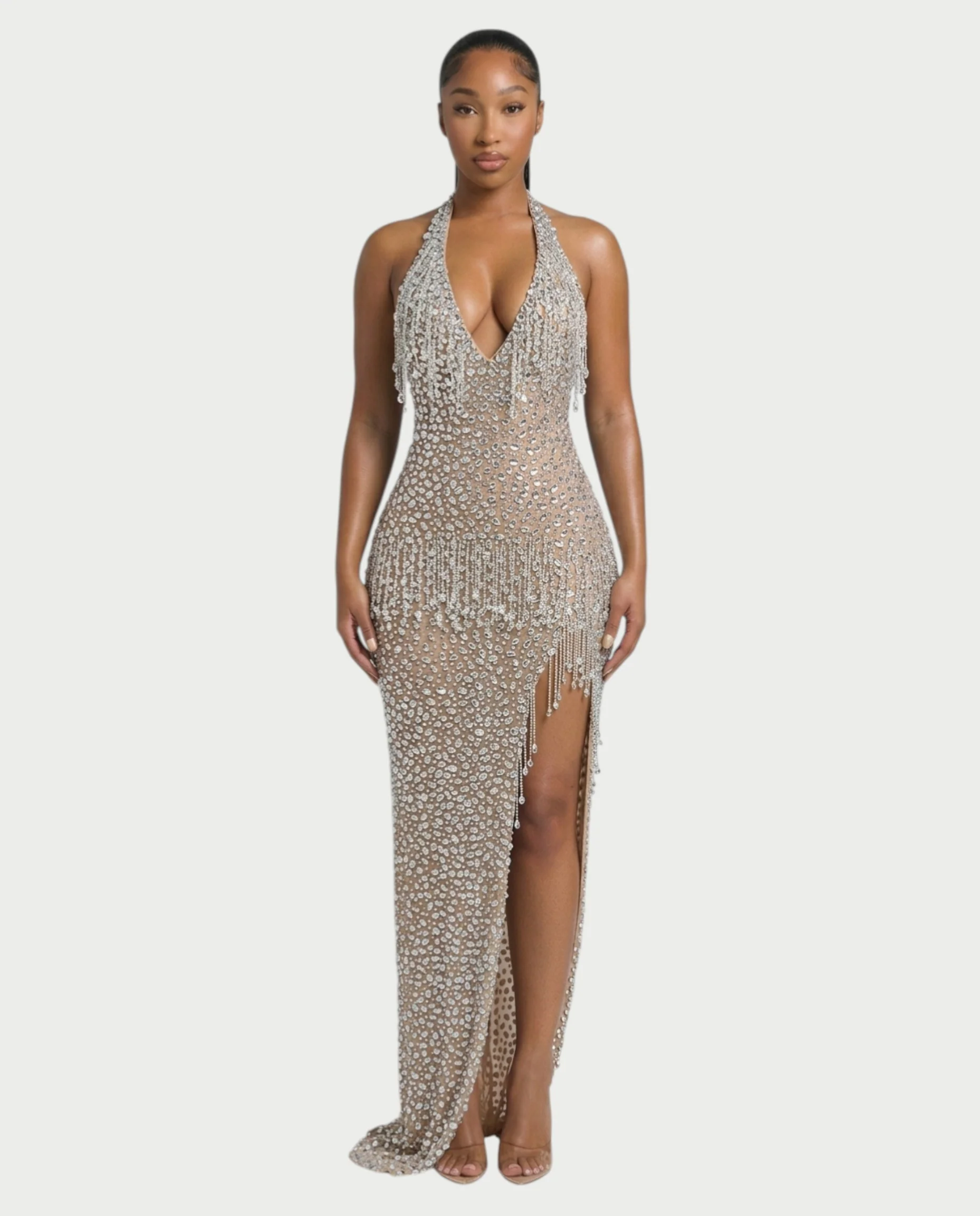MYRIZ Rhinestone Halter Draped Tassel Maxi Dress - Image 16