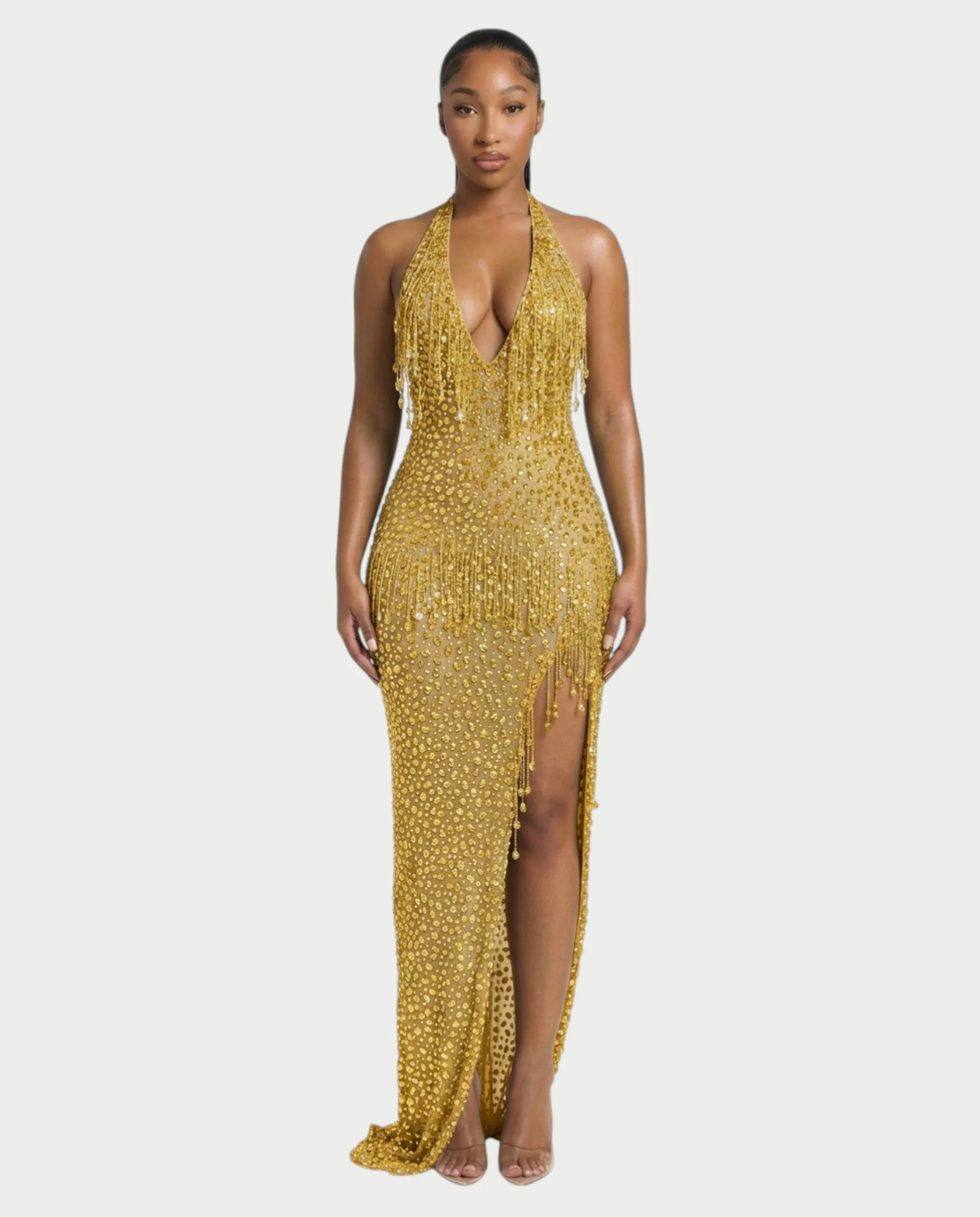 MYRIZ Rhinestone Halter Draped Tassel Maxi Dress - Image 21