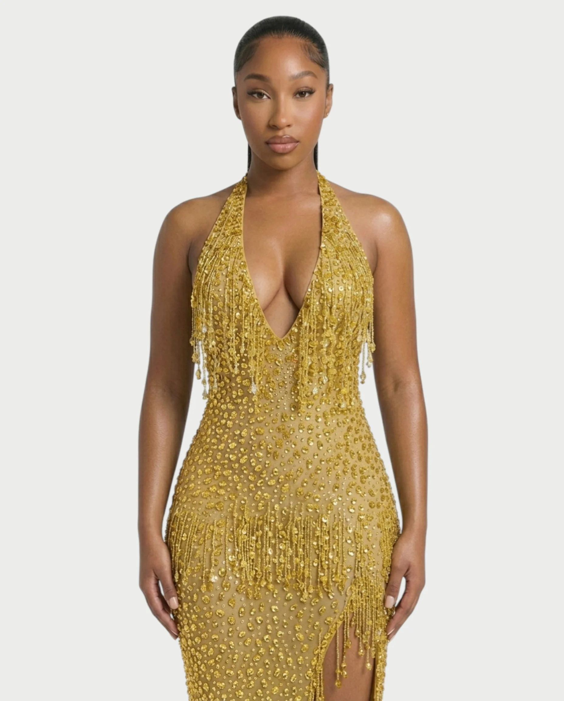 MYRIZ Rhinestone Halter Draped Tassel Maxi Dress - Image 24