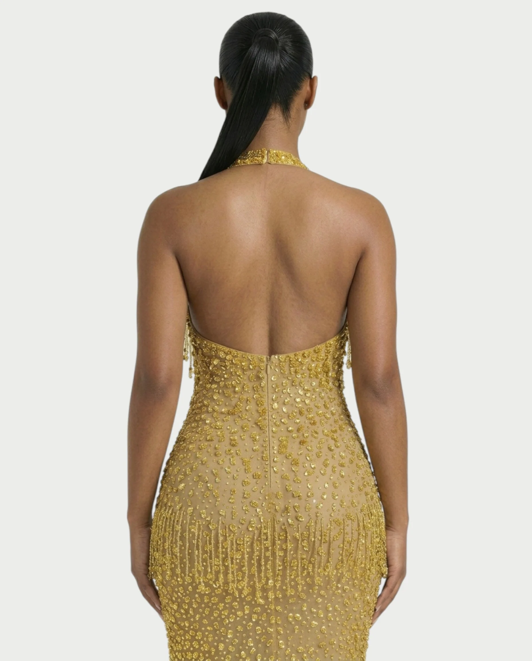 MYRIZ Rhinestone Halter Draped Tassel Maxi Dress - Image 25