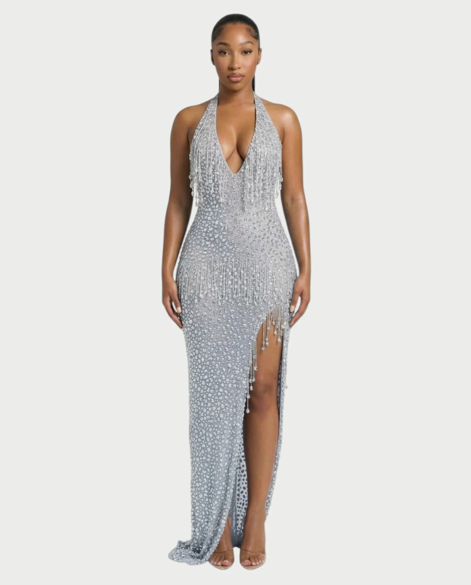 MYRIZ Rhinestone Halter Draped Tassel Maxi Dress - Image 26
