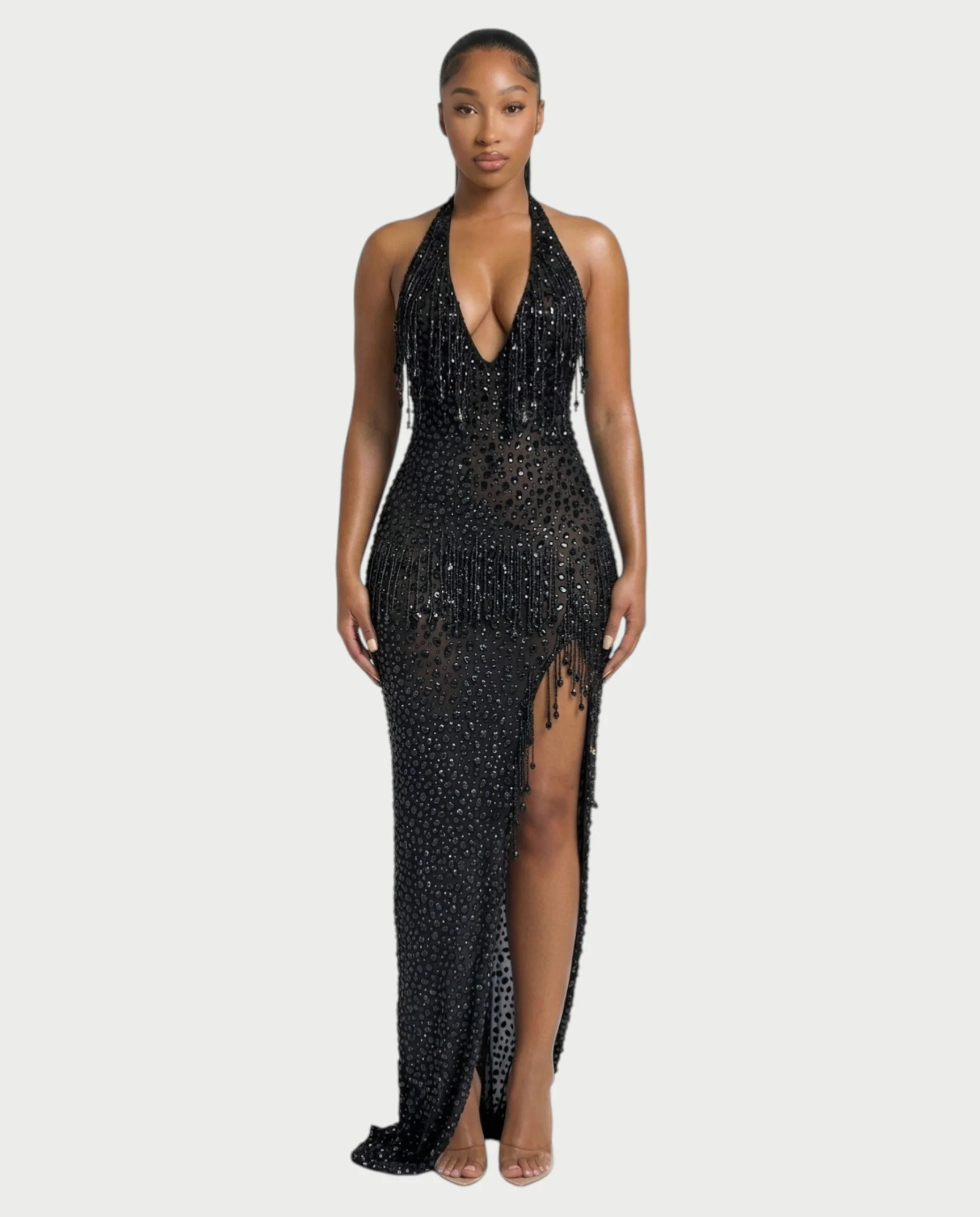 MYRIZ Rhinestone Halter Draped Tassel Maxi Dress - Image 31