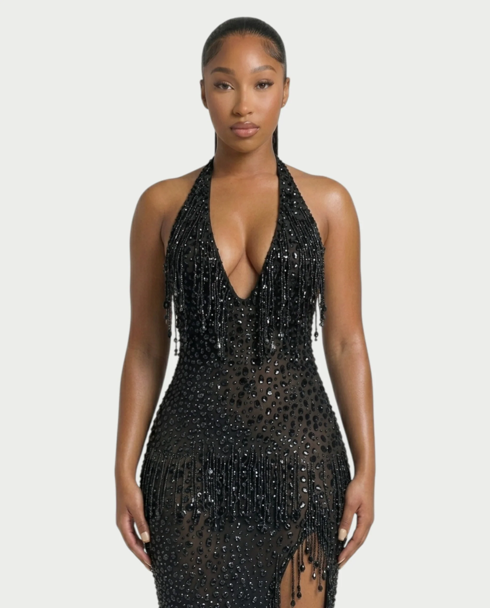 MYRIZ Rhinestone Halter Draped Tassel Maxi Dress - Image 34