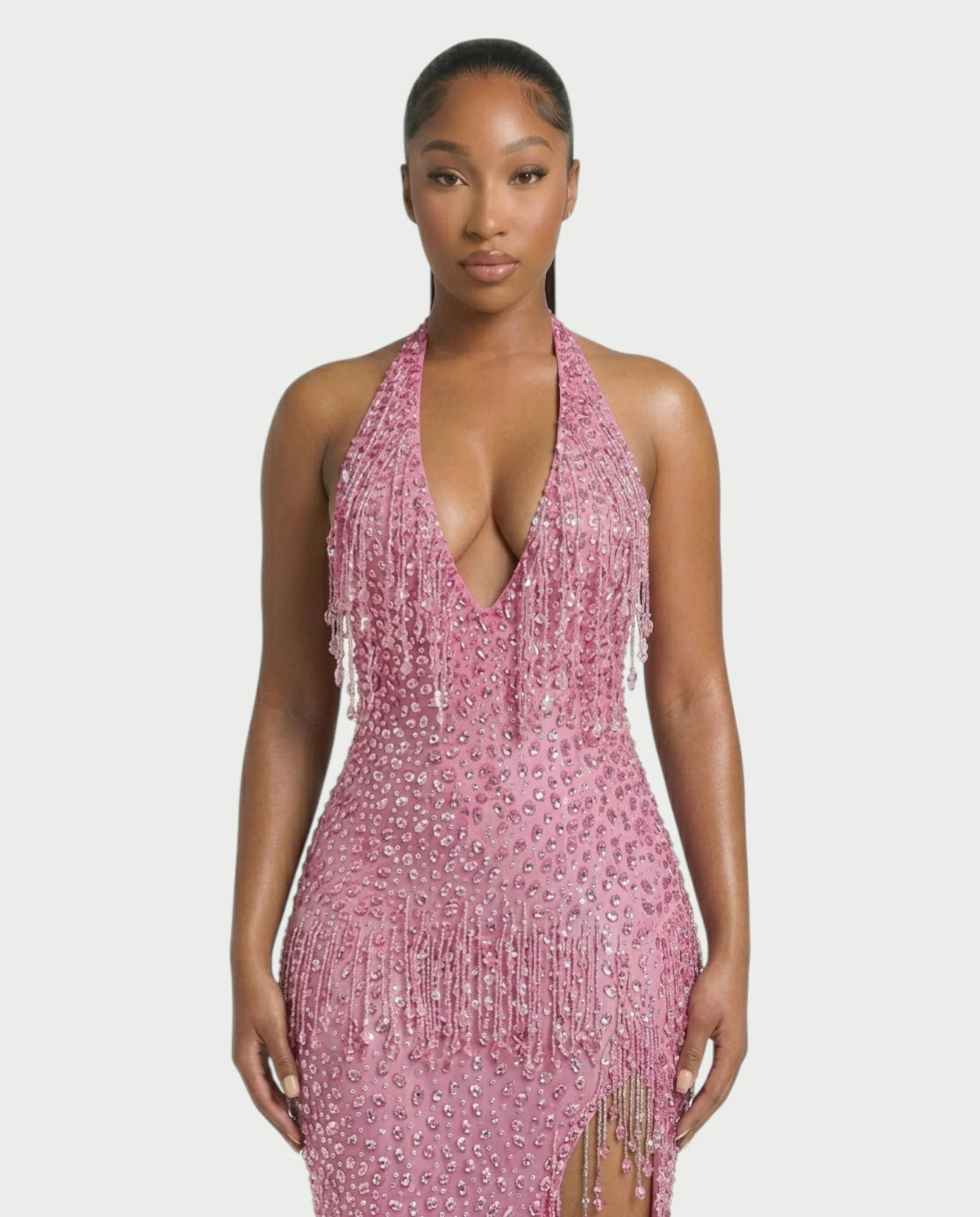 MYRIZ Rhinestone Halter Draped Tassel Maxi Dress - Image 9