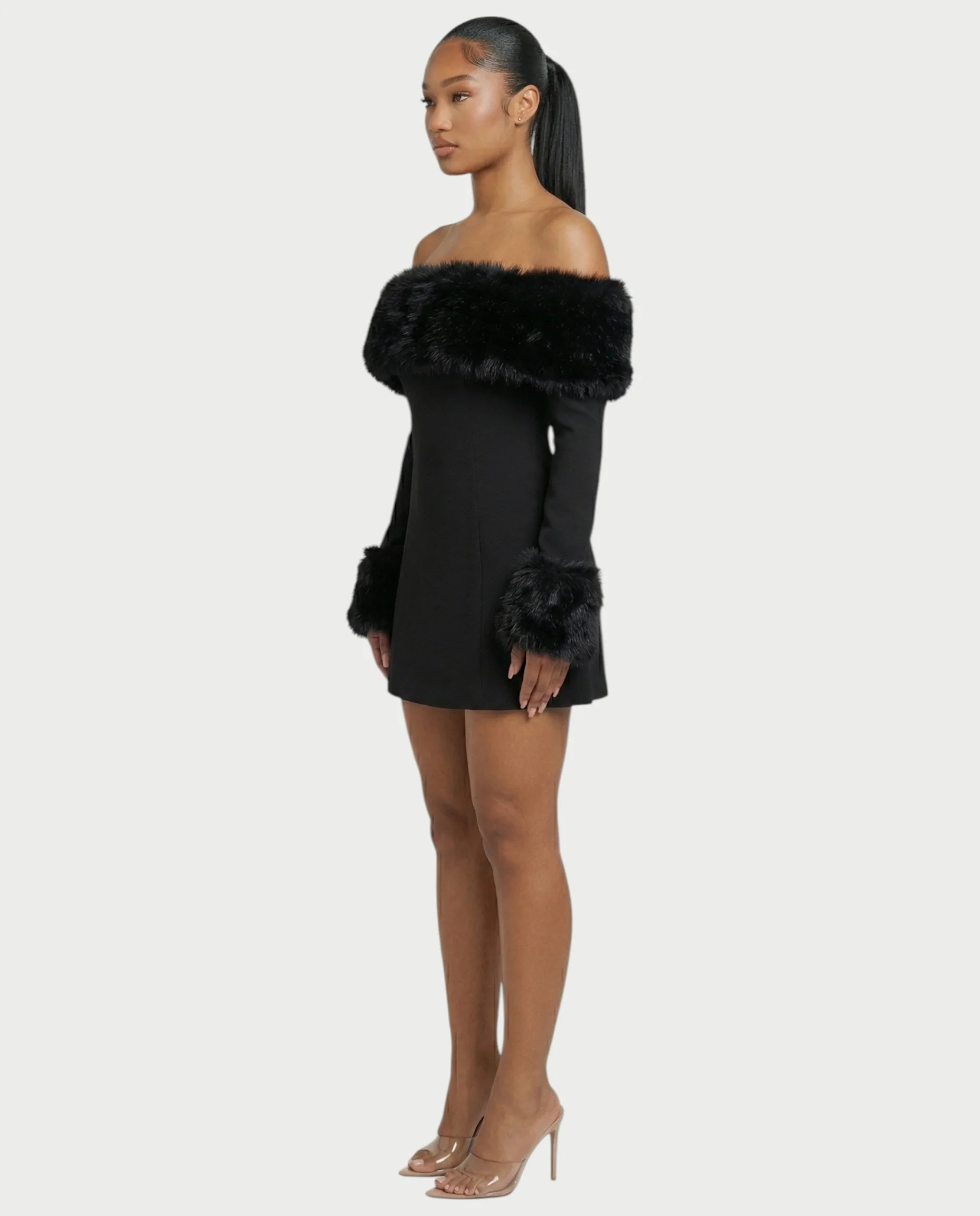 NIRAYA Off-Shoulder Faux Fur Trim Mini Dress - Image 3