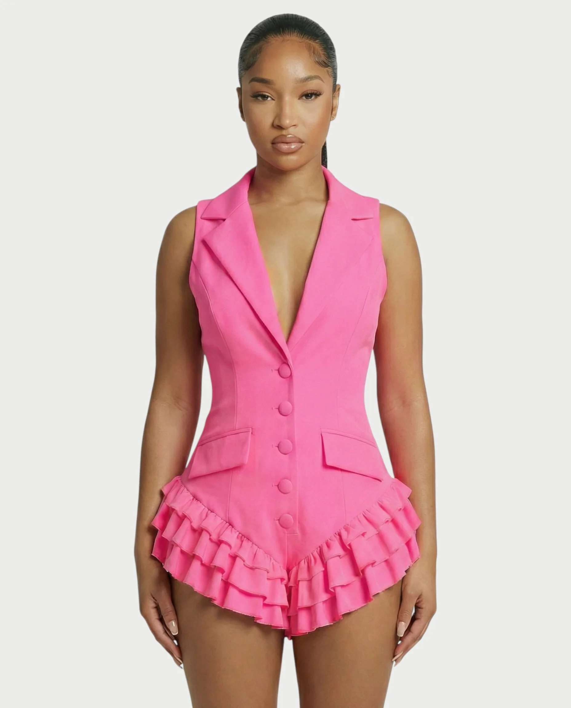 NIVARA Tailored Ruffle-Trim Tuxedo Romper - Image 14