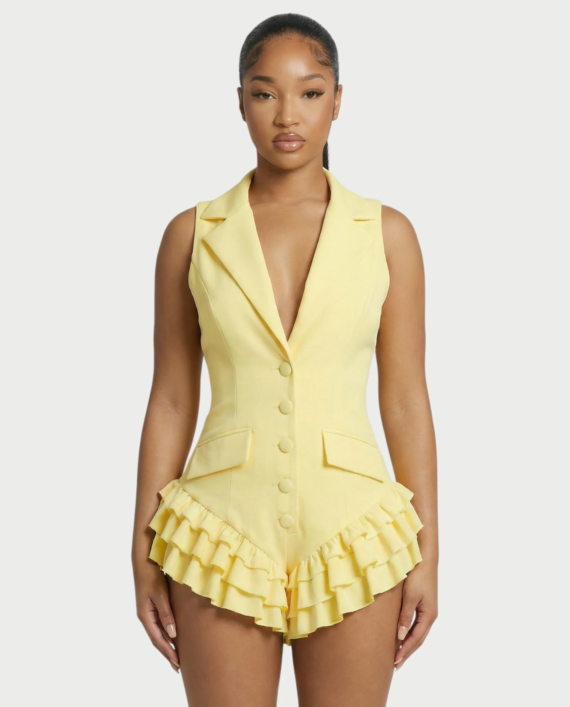 NIVARA Tailored Ruffle-Trim Tuxedo Romper - Image 4