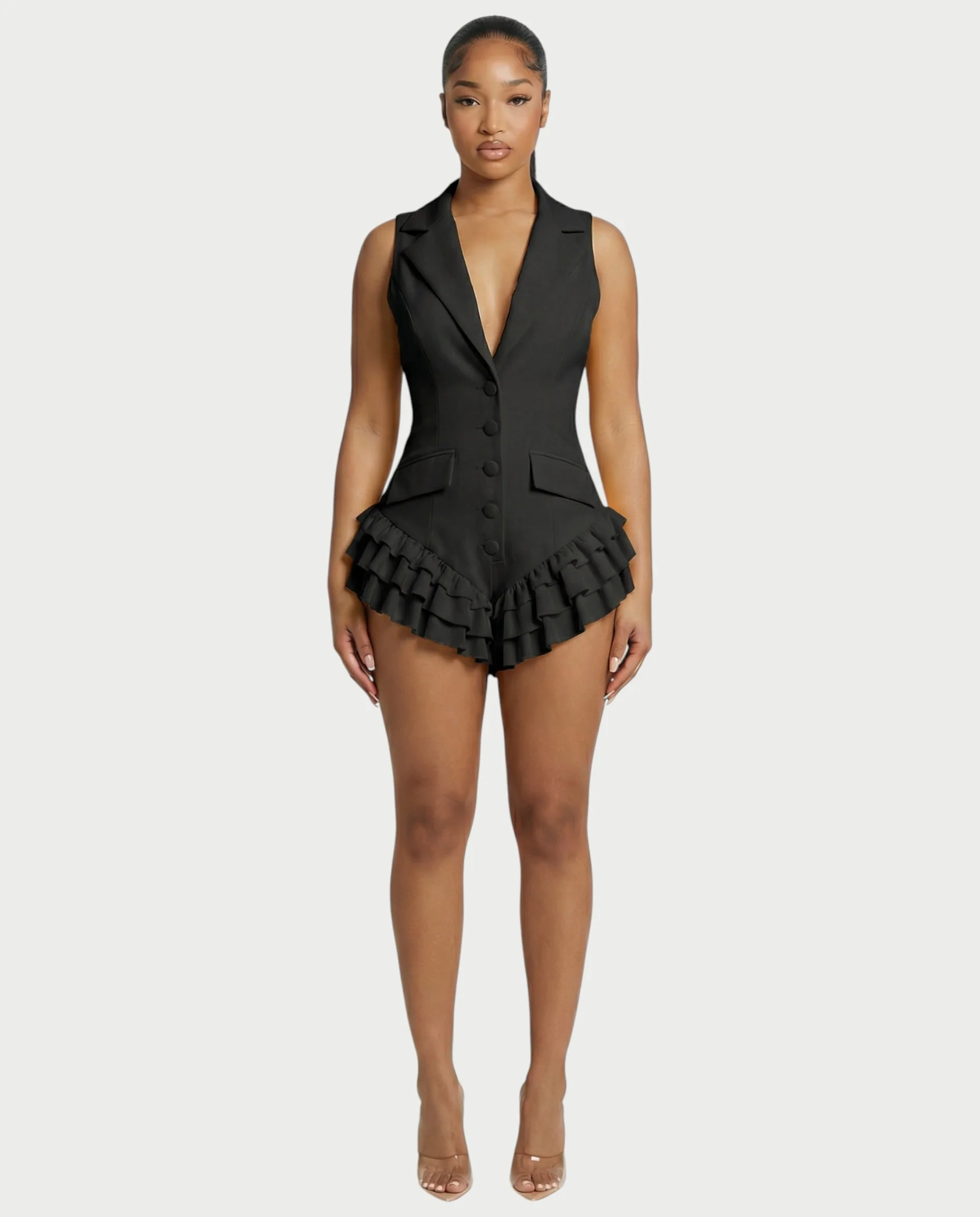NIVARA Tailored Ruffle-Trim Tuxedo Romper - Image 6