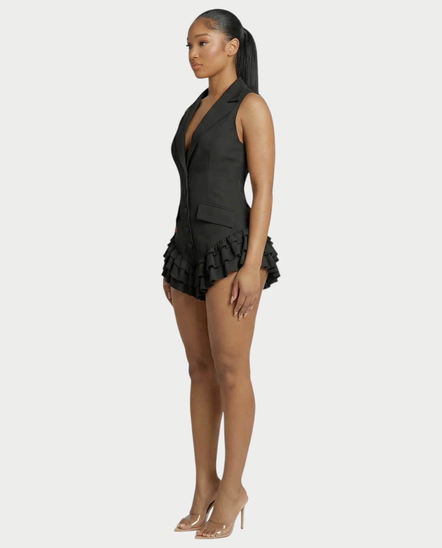 NIVARA Tailored Ruffle-Trim Tuxedo Romper - Image 8