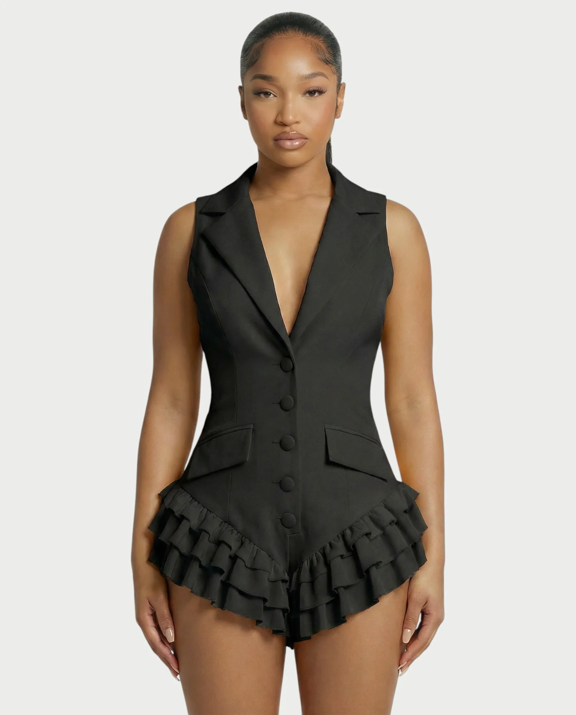 NIVARA Tailored Ruffle-Trim Tuxedo Romper - Image 9