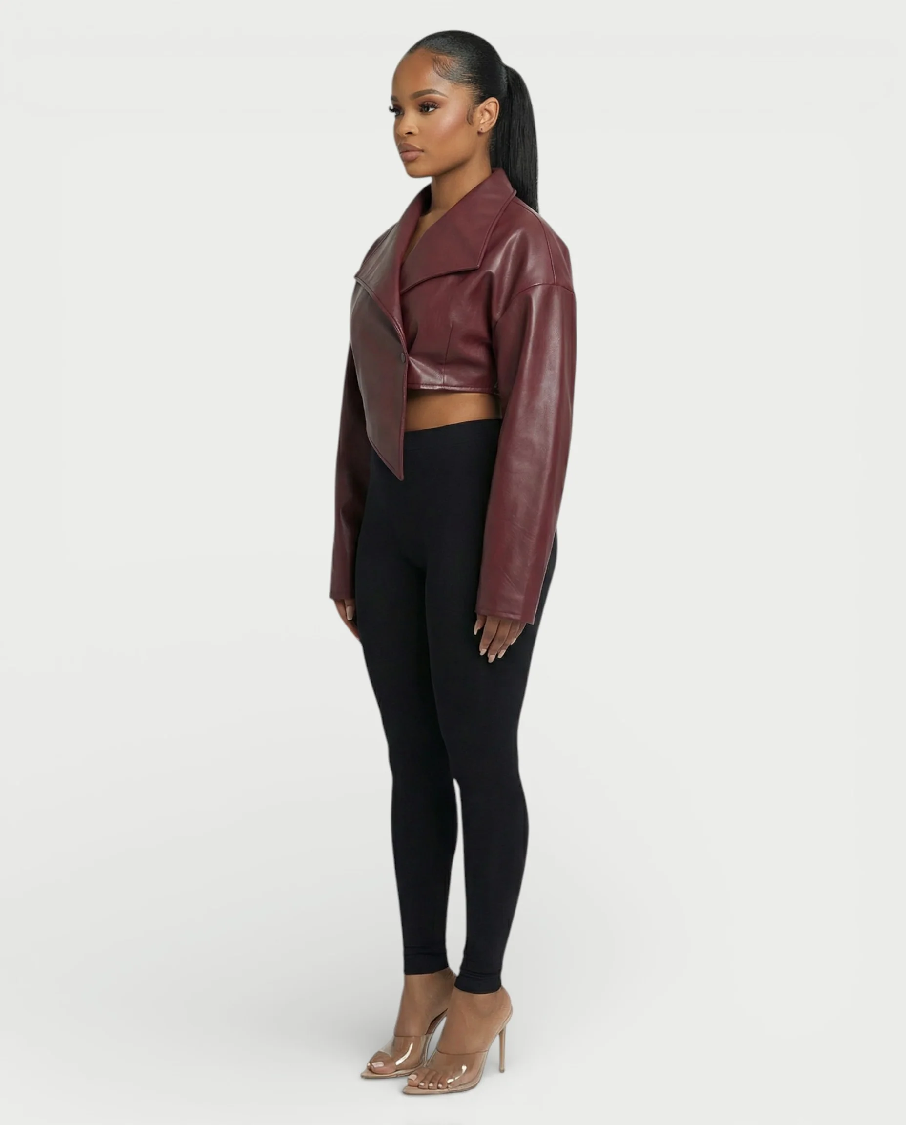 NIVIA Deep V Lapel Cropped Faux Leather Jacket - Image 3