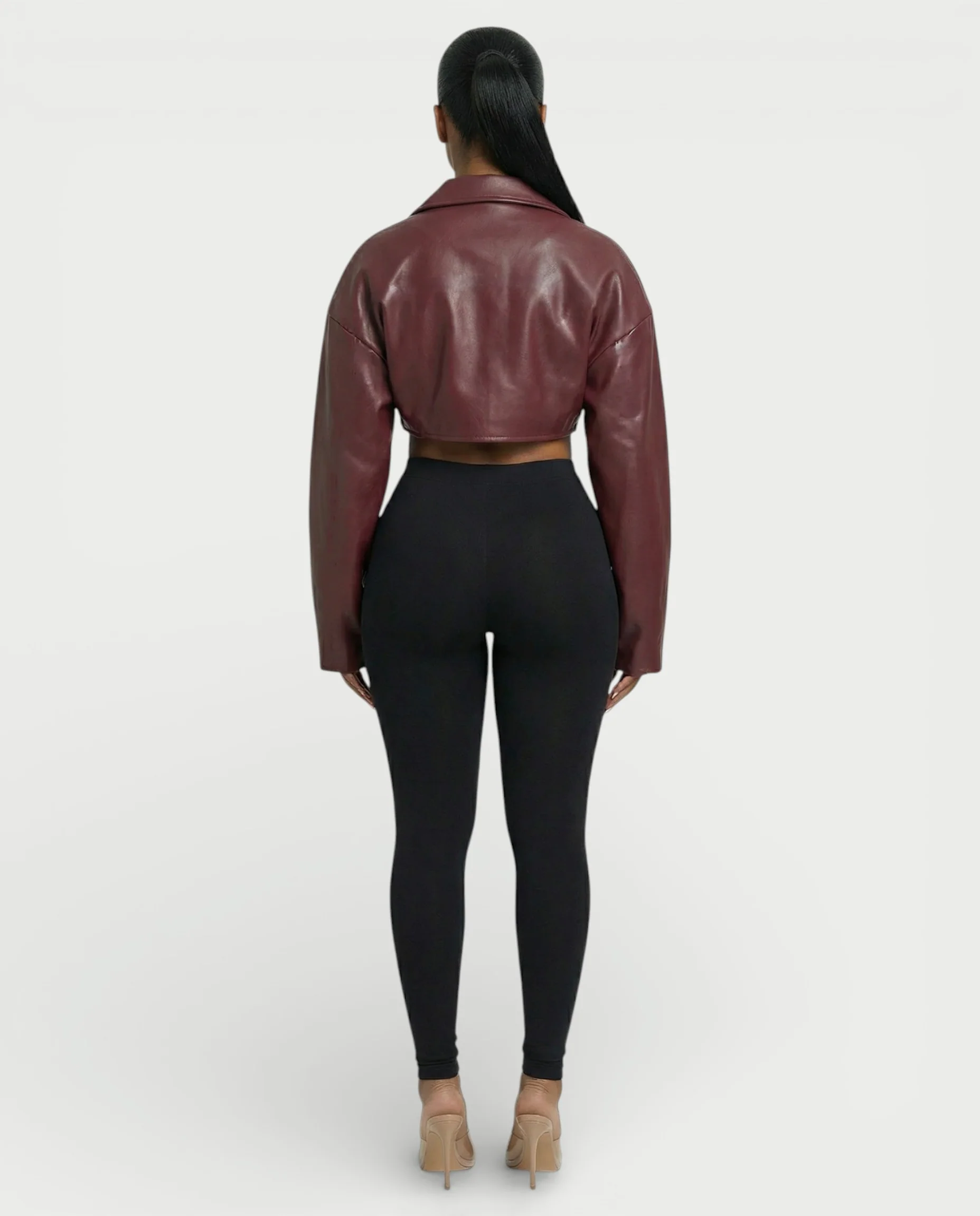 NIVIA Deep V Lapel Cropped Faux Leather Jacket - Image 4