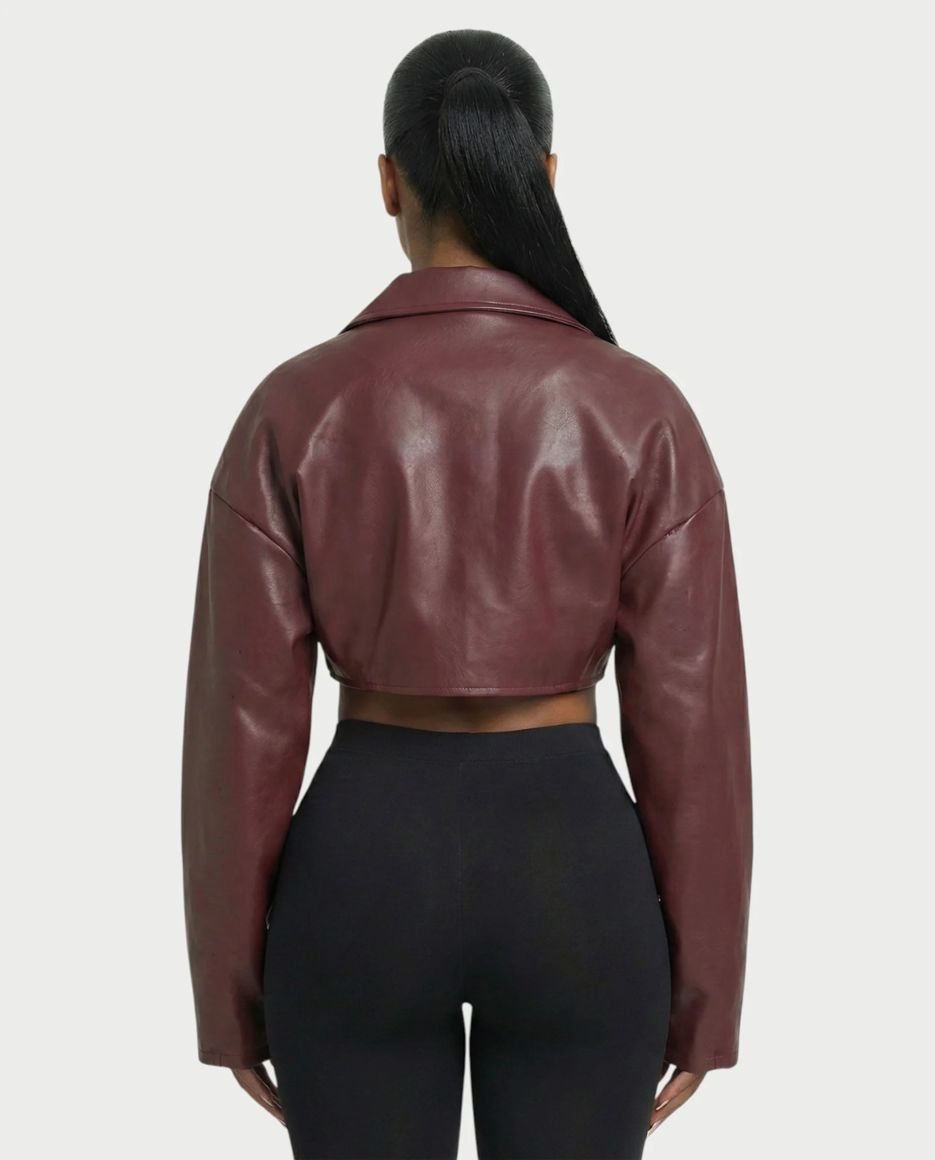 NIVIA Deep V Lapel Cropped Faux Leather Jacket - Image 5