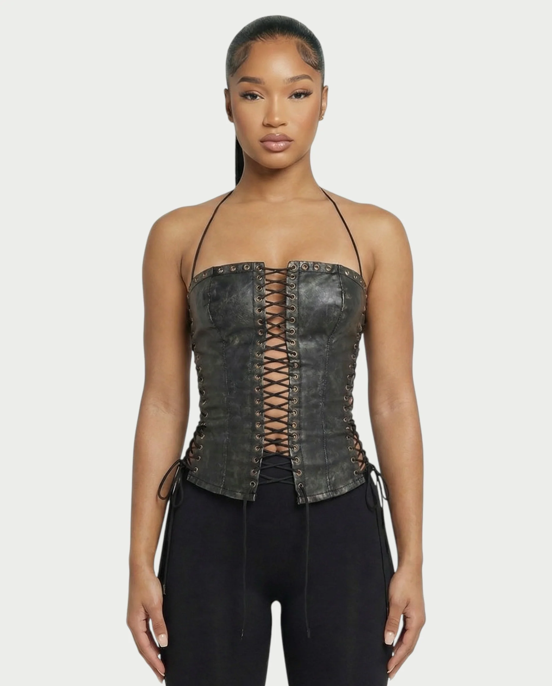 NUERA Faux-Leather Multi-Lace Up Corset Top - Image 4