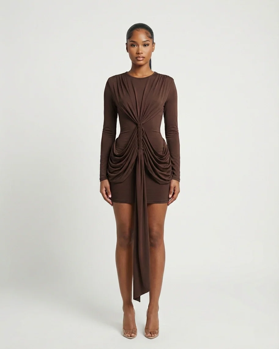 ORIYA Front Knot Long-Sleeve Mini Dress - Image 11