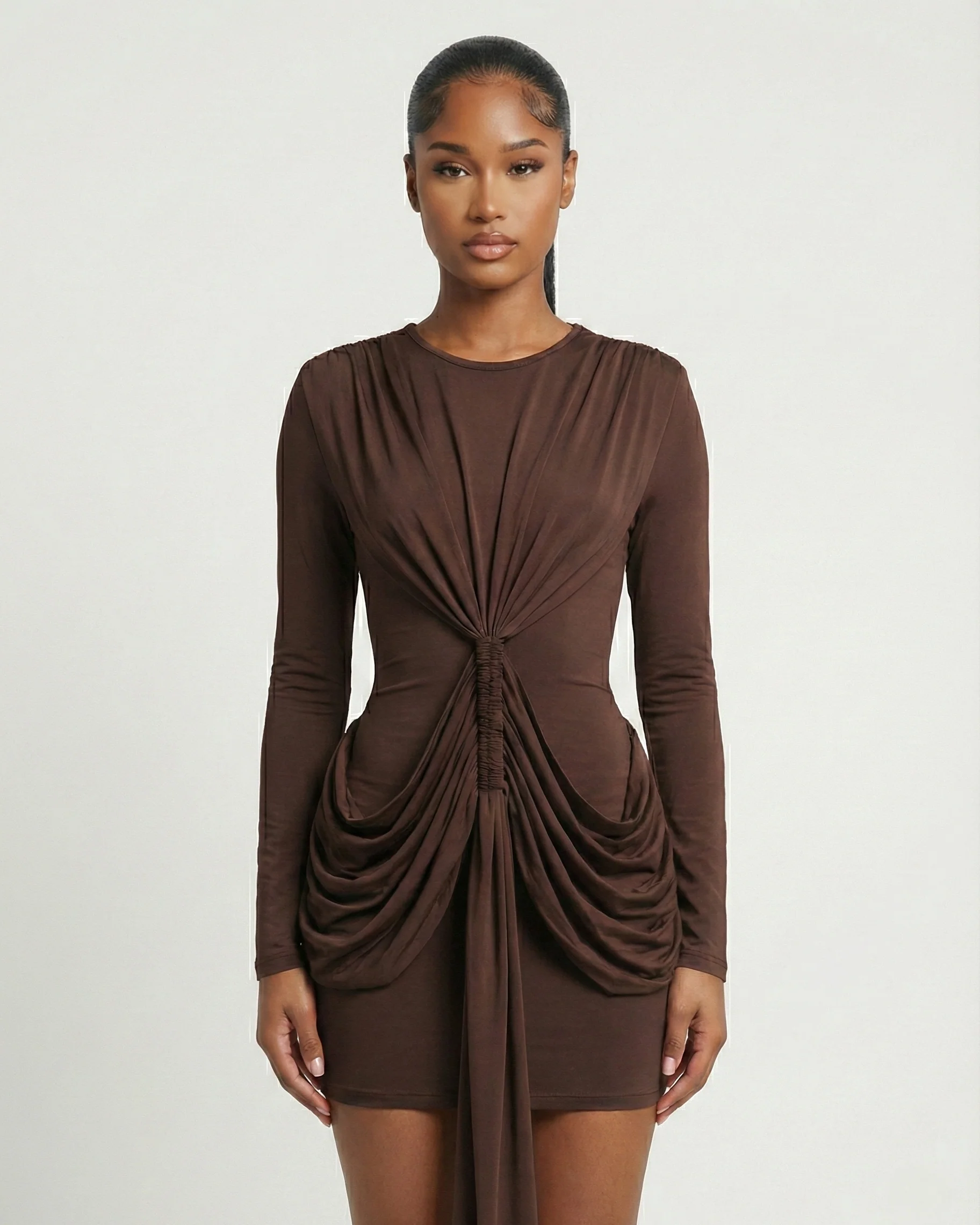 ORIYA Front Knot Long-Sleeve Mini Dress - Image 12