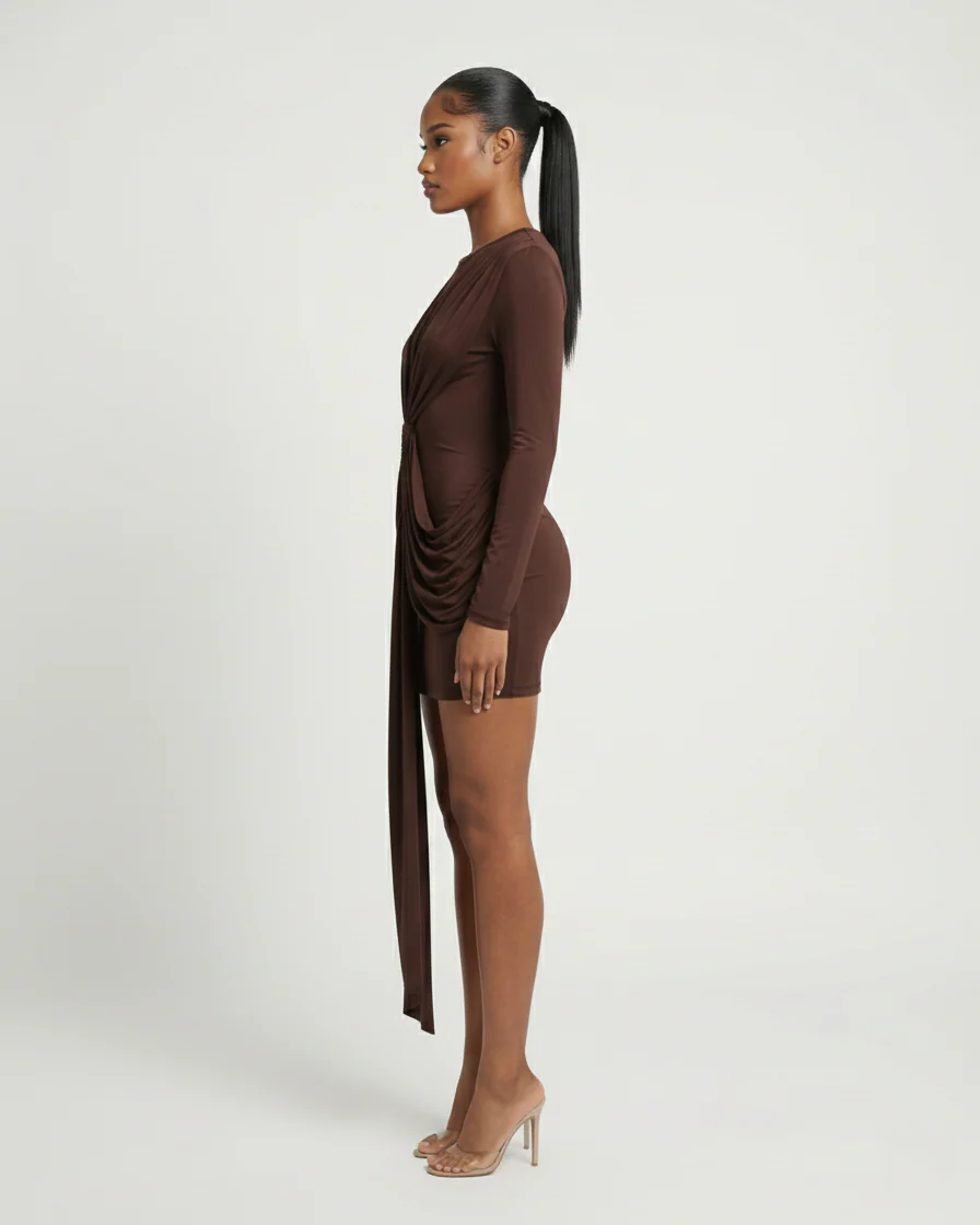 ORIYA Front Knot Long-Sleeve Mini Dress - Image 13