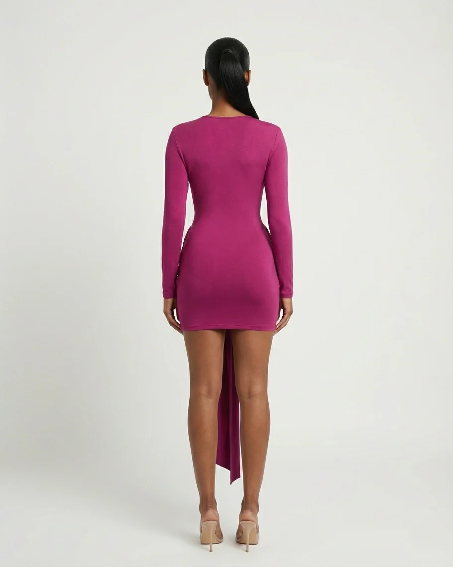 ORIYA Front Knot Long-Sleeve Mini Dress - Image 4