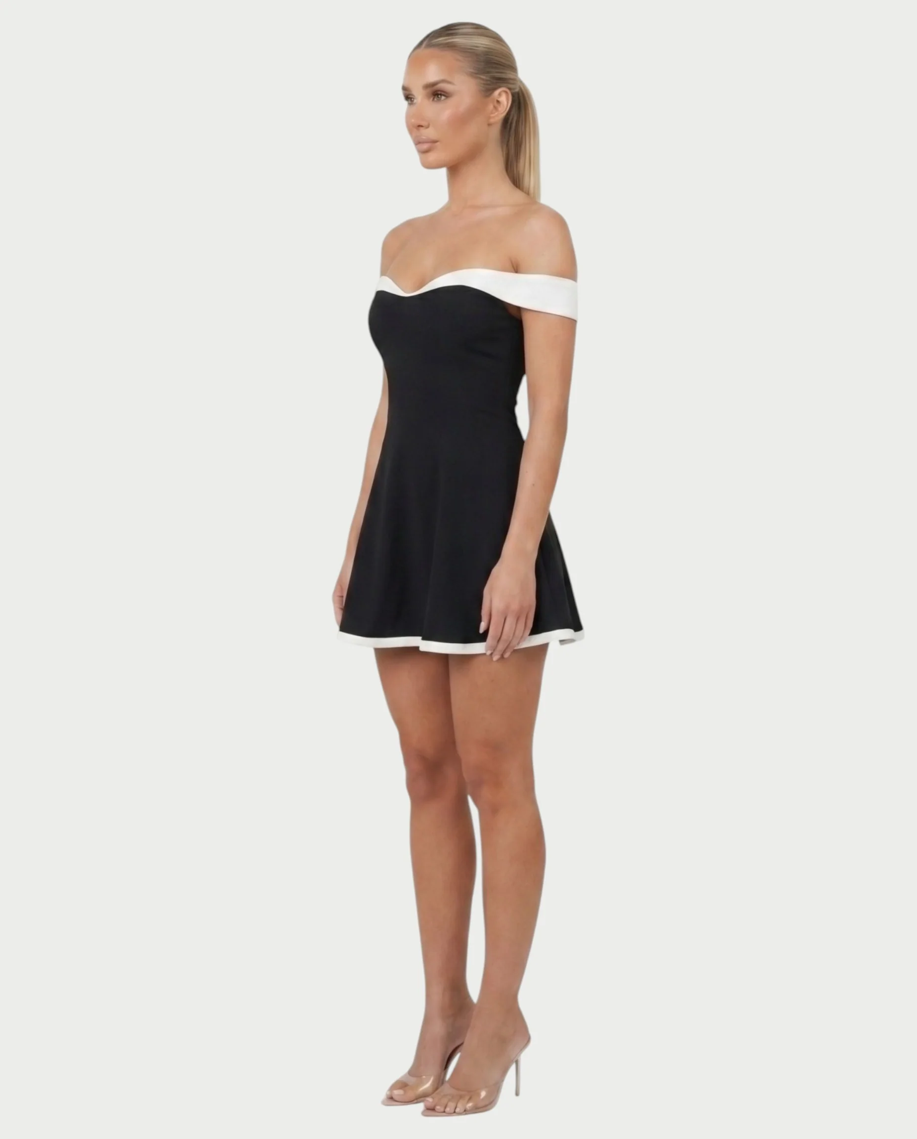 ORLENA Off-Shoulder Contrast Trim Mini Dress - Image 3