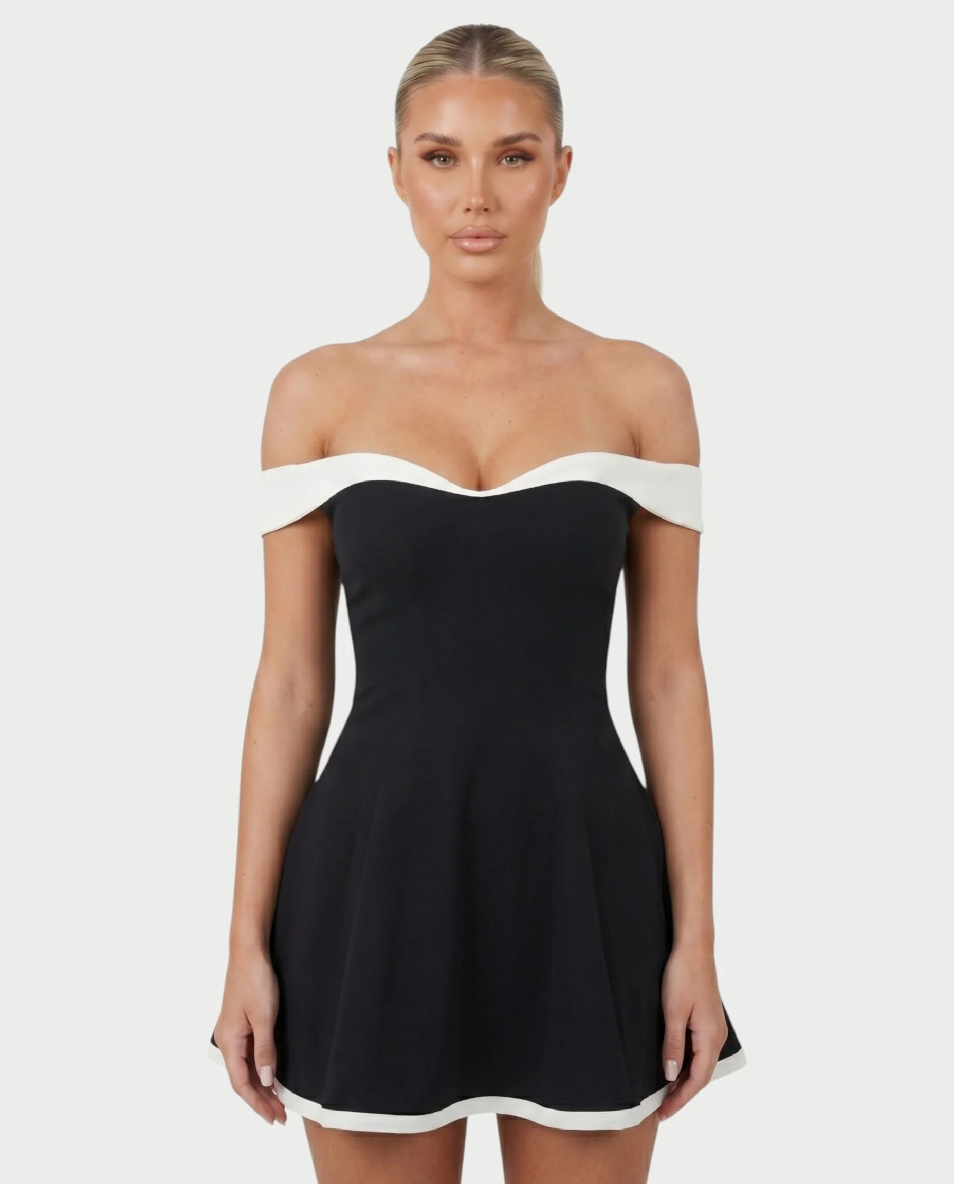 ORLENA Off-Shoulder Contrast Trim Mini Dress - Image 4