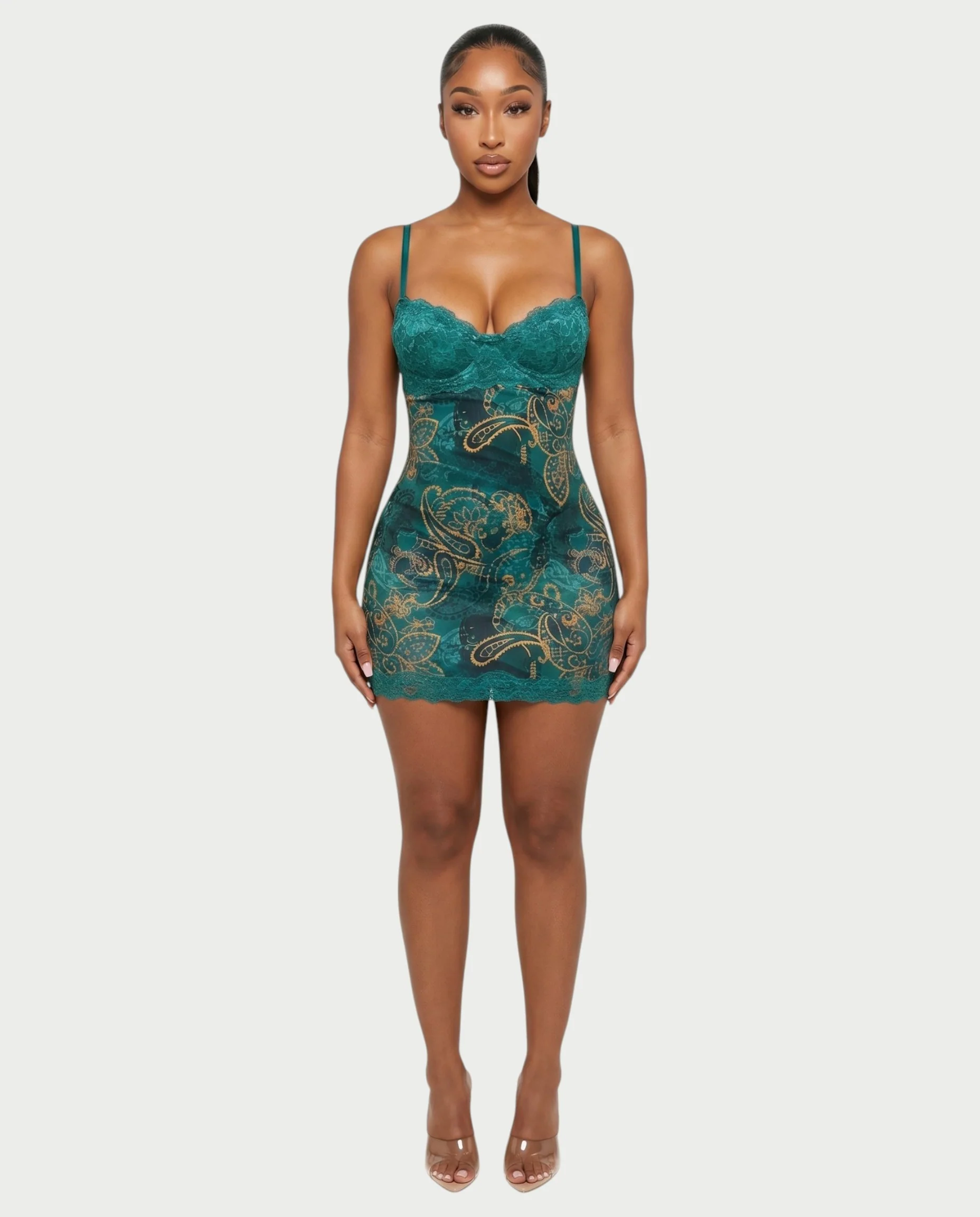 PAULINA Teal Paisley Lace Bust Bodycon Mini Dress