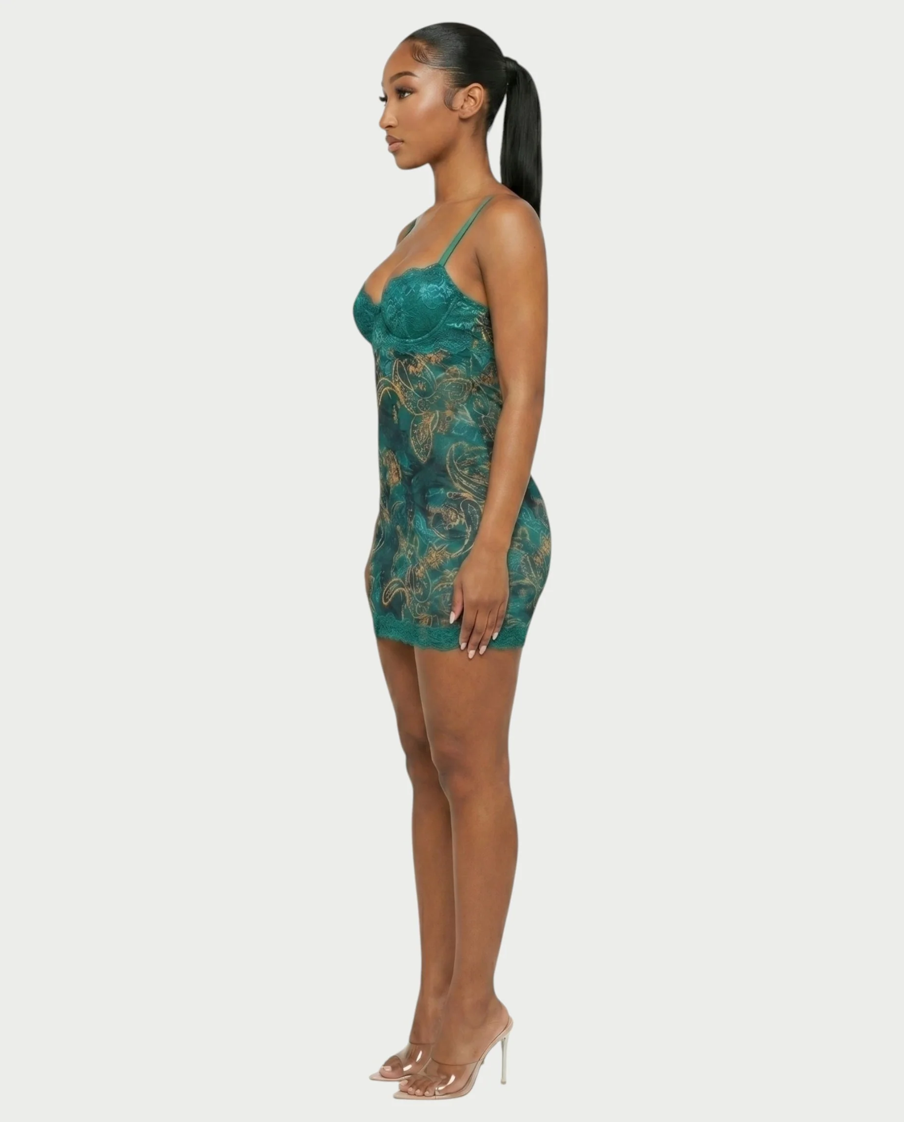 PAULINA Teal Paisley Lace Bust Bodycon Mini Dress - Image 3