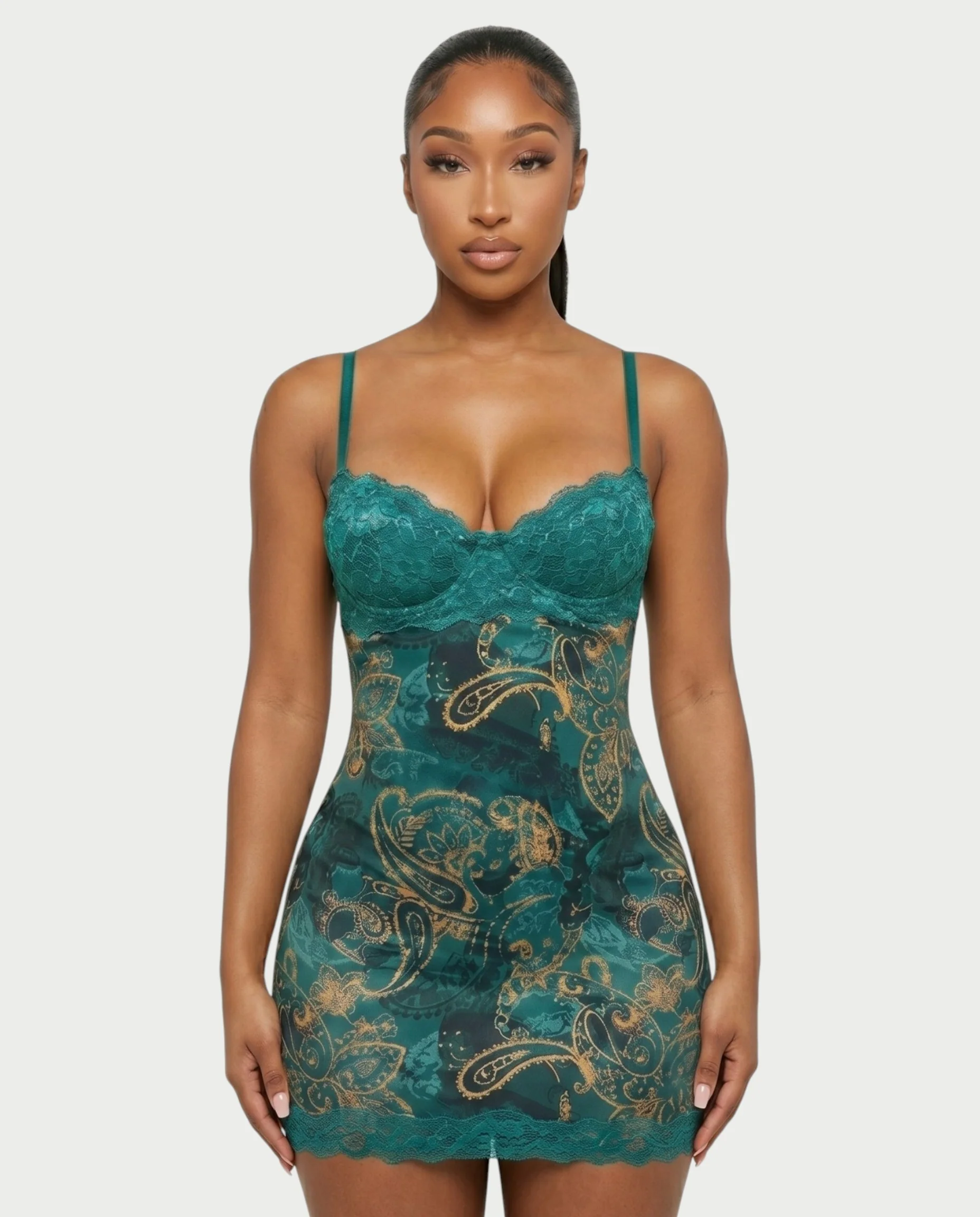 PAULINA Teal Paisley Lace Bust Bodycon Mini Dress - Image 4