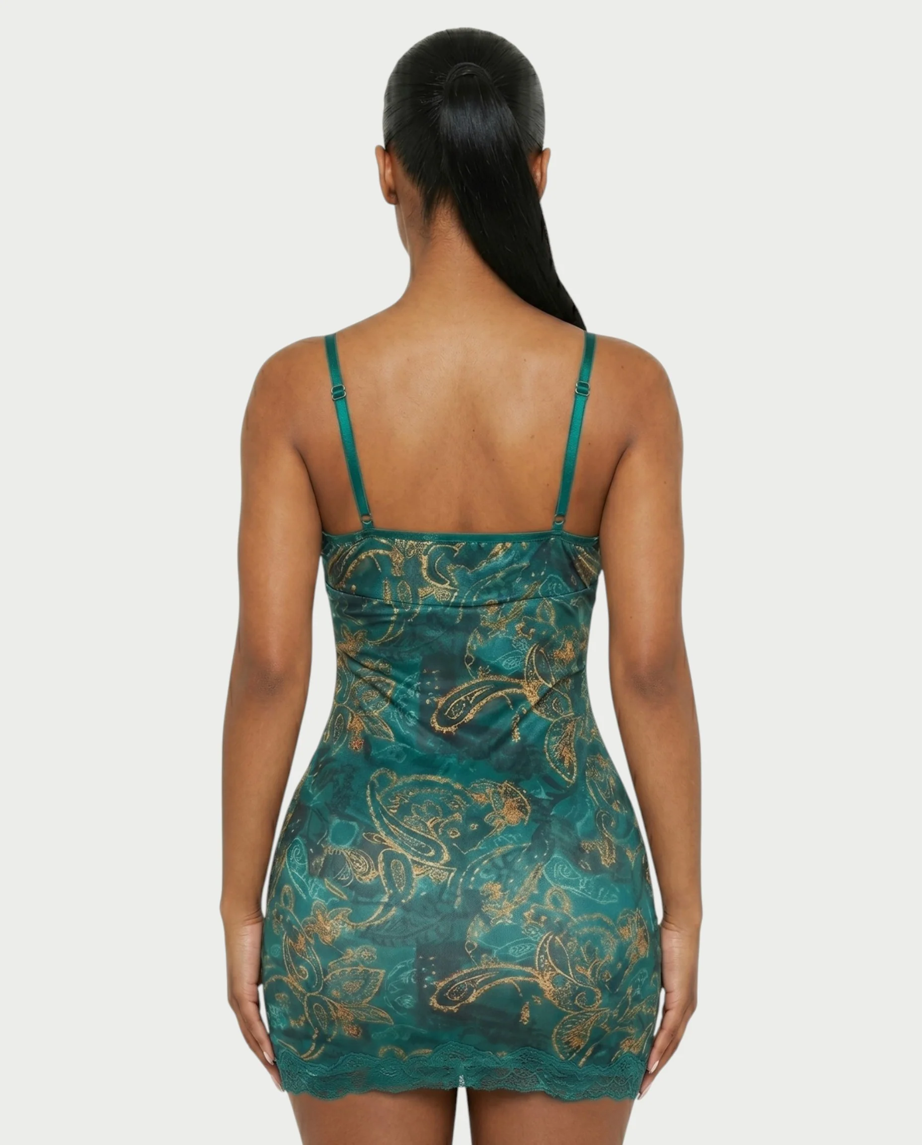 PAULINA Teal Paisley Lace Bust Bodycon Mini Dress - Image 5