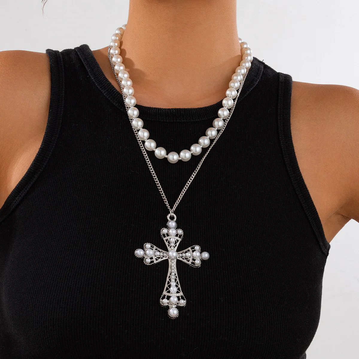 Pearl Necklace & Large Cross Pendant Set - Image 3