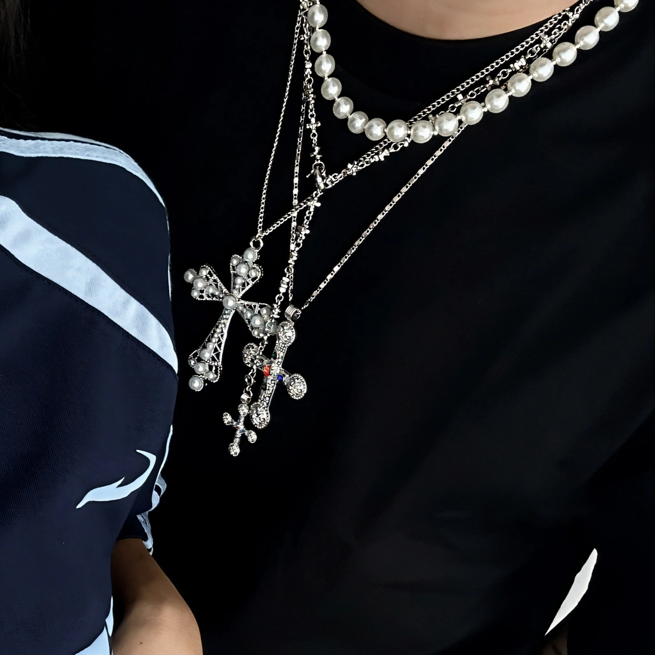 Pearl Necklace & Large Cross Pendant Set - Image 4