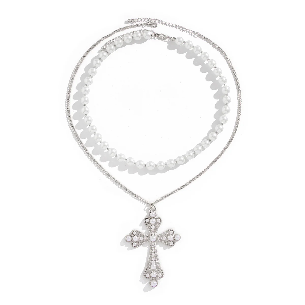 Pearl Necklace & Large Cross Pendant Set - Image 5