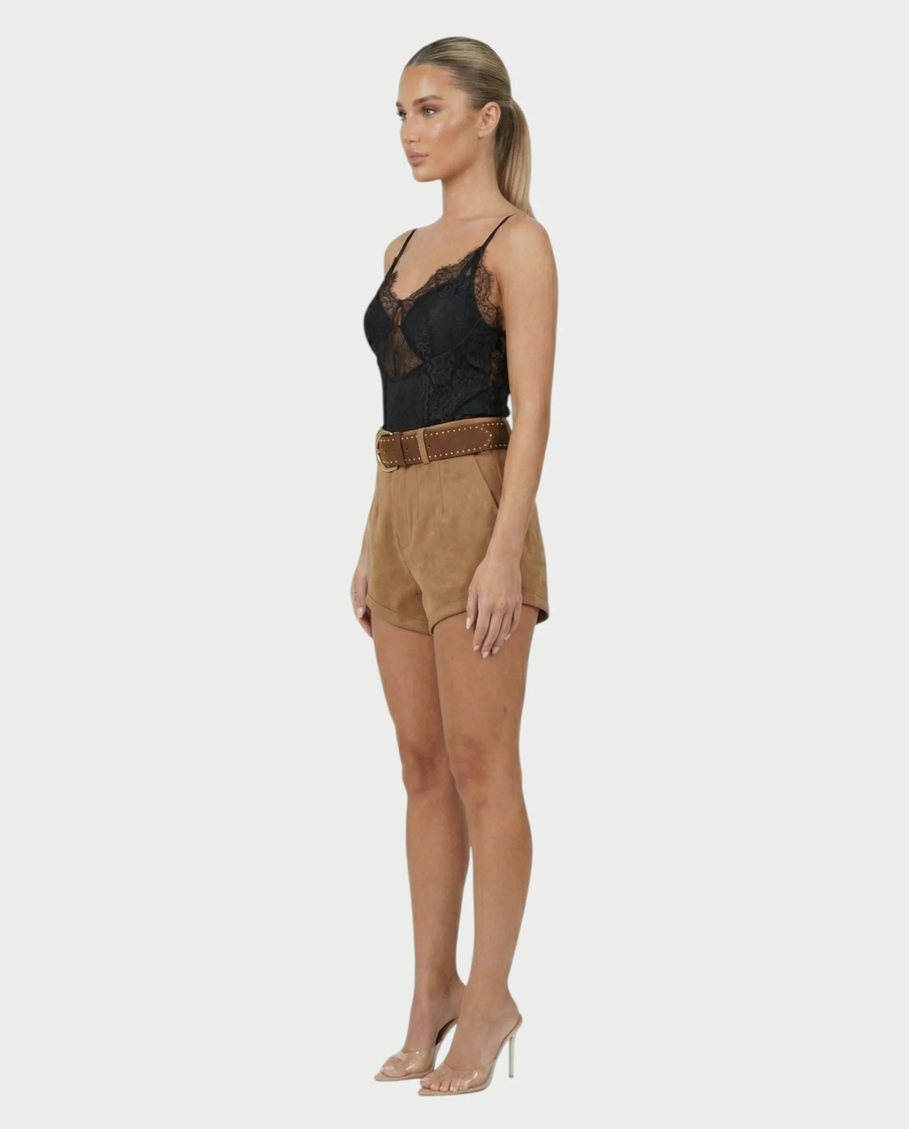 PERLINA High-Rise Gold Stud Belt Shorts - Image 3