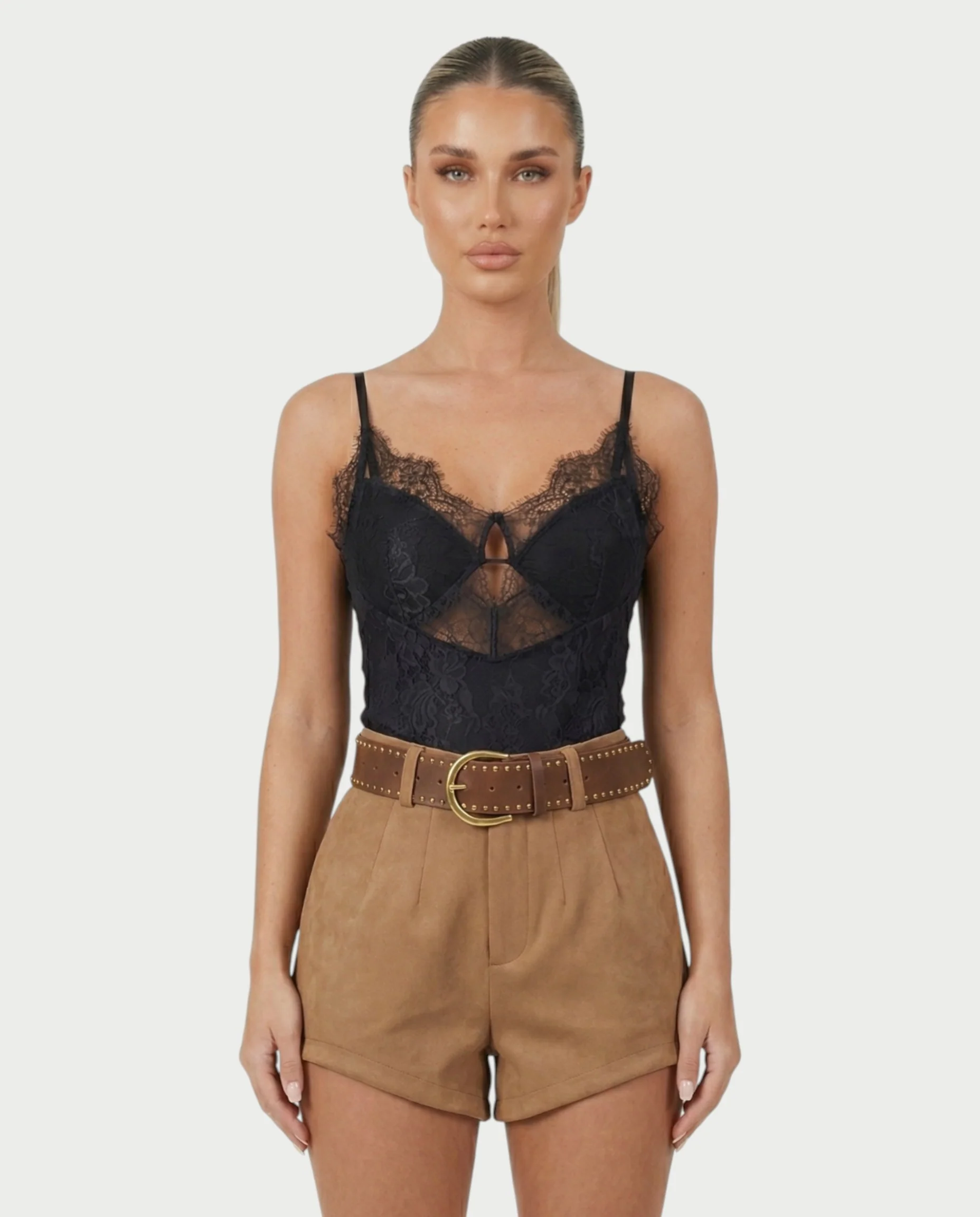PERLINA High-Rise Gold Stud Belt Shorts - Image 4