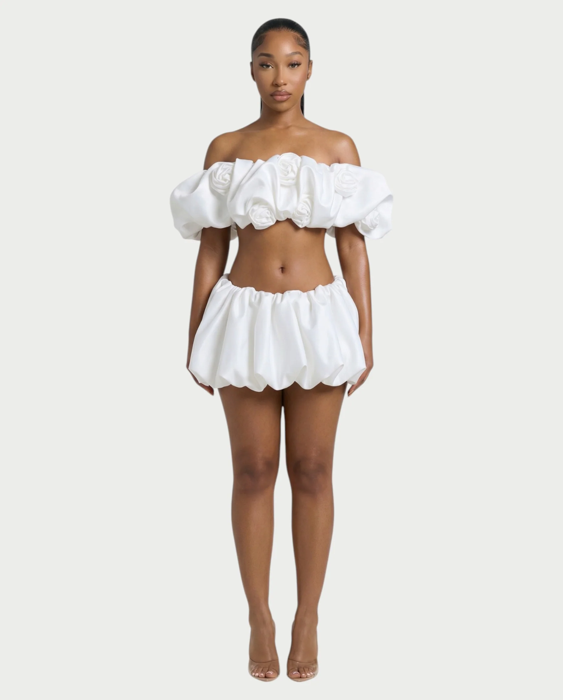 POMILE Rosette Off-Shoulder Top & Bubble Mini Skort Set