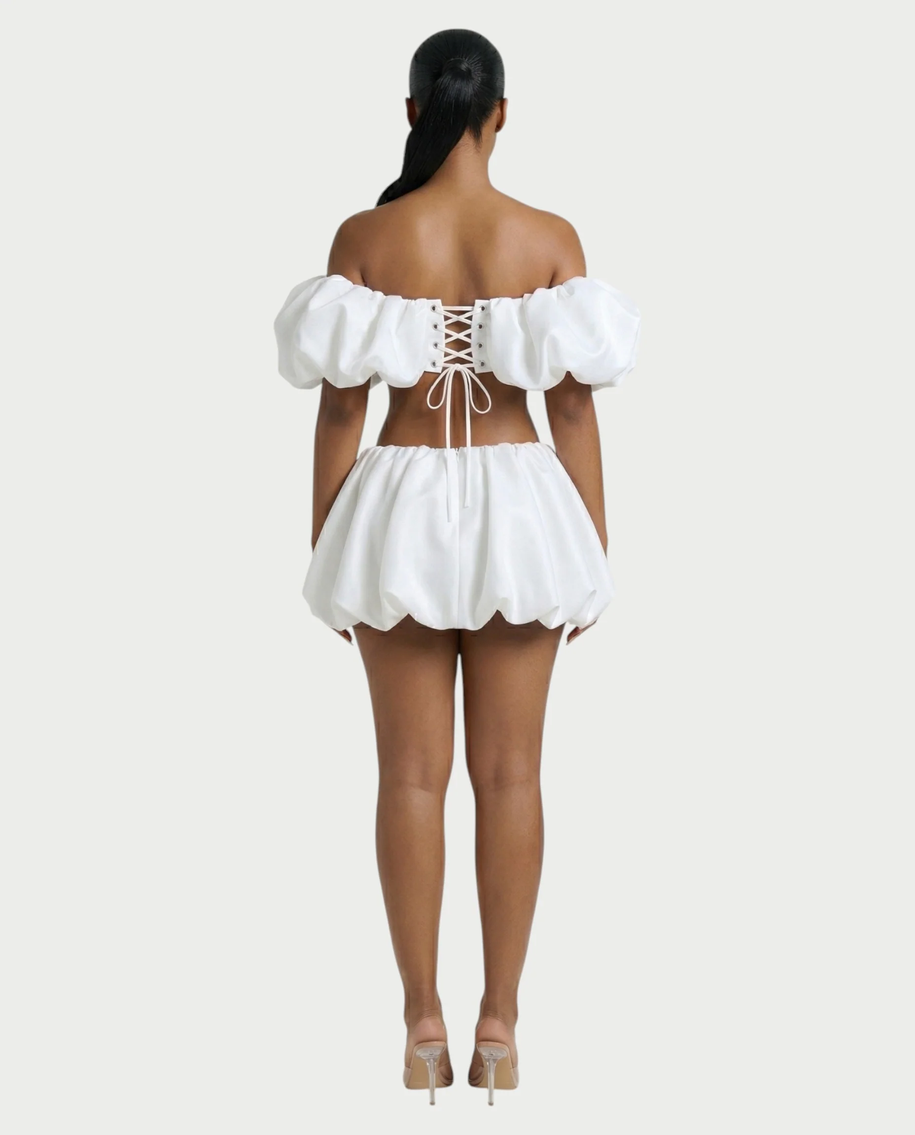 POMILE Rosette Off-Shoulder Top & Bubble Mini Skort Set - Image 2