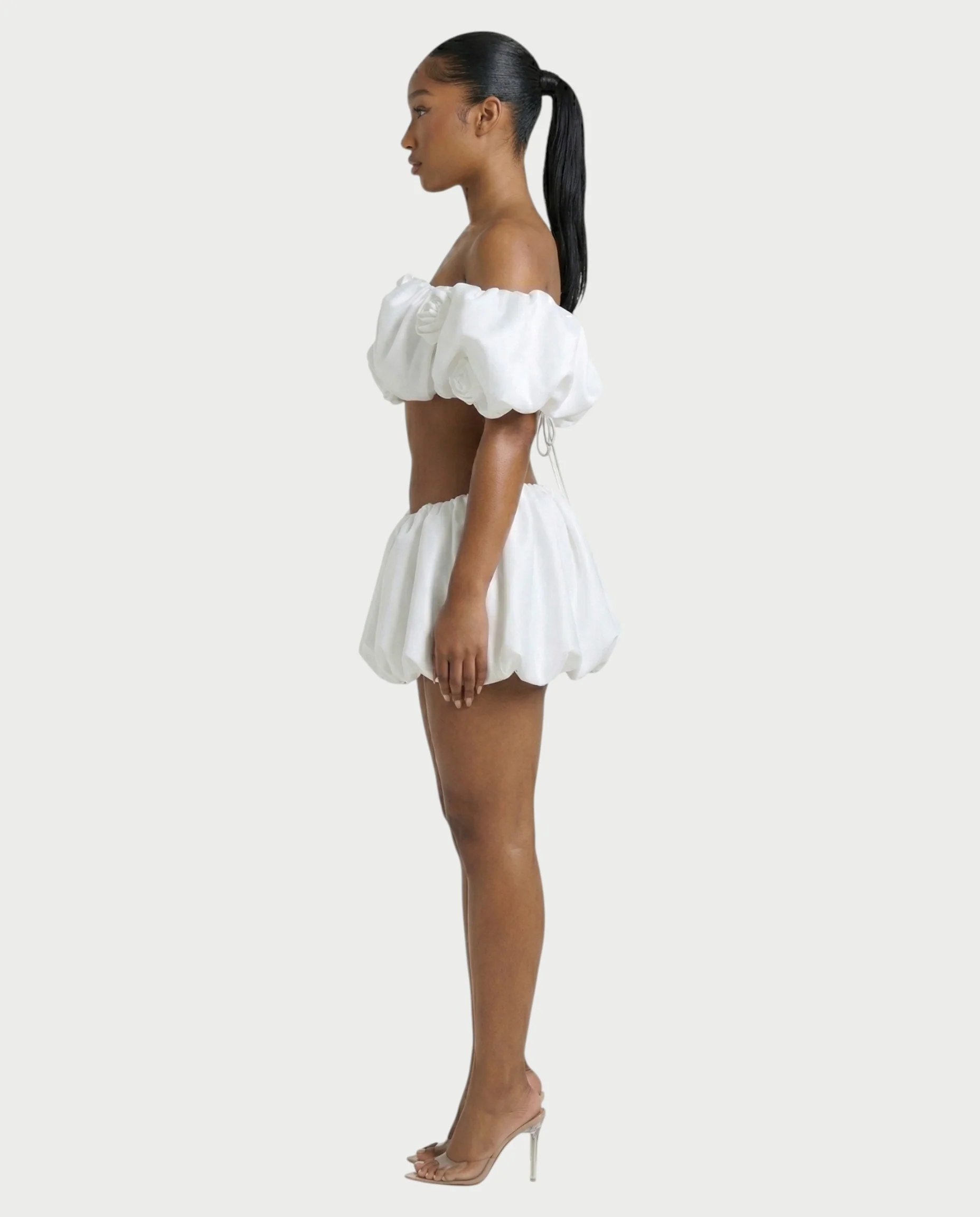 POMILE Rosette Off-Shoulder Top & Bubble Mini Skort Set - Image 3
