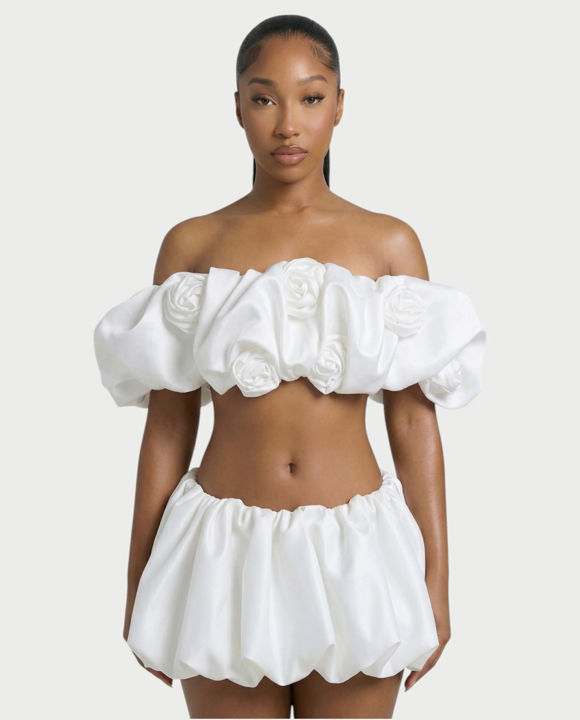 POMILE Rosette Off-Shoulder Top & Bubble Mini Skort Set - Image 5